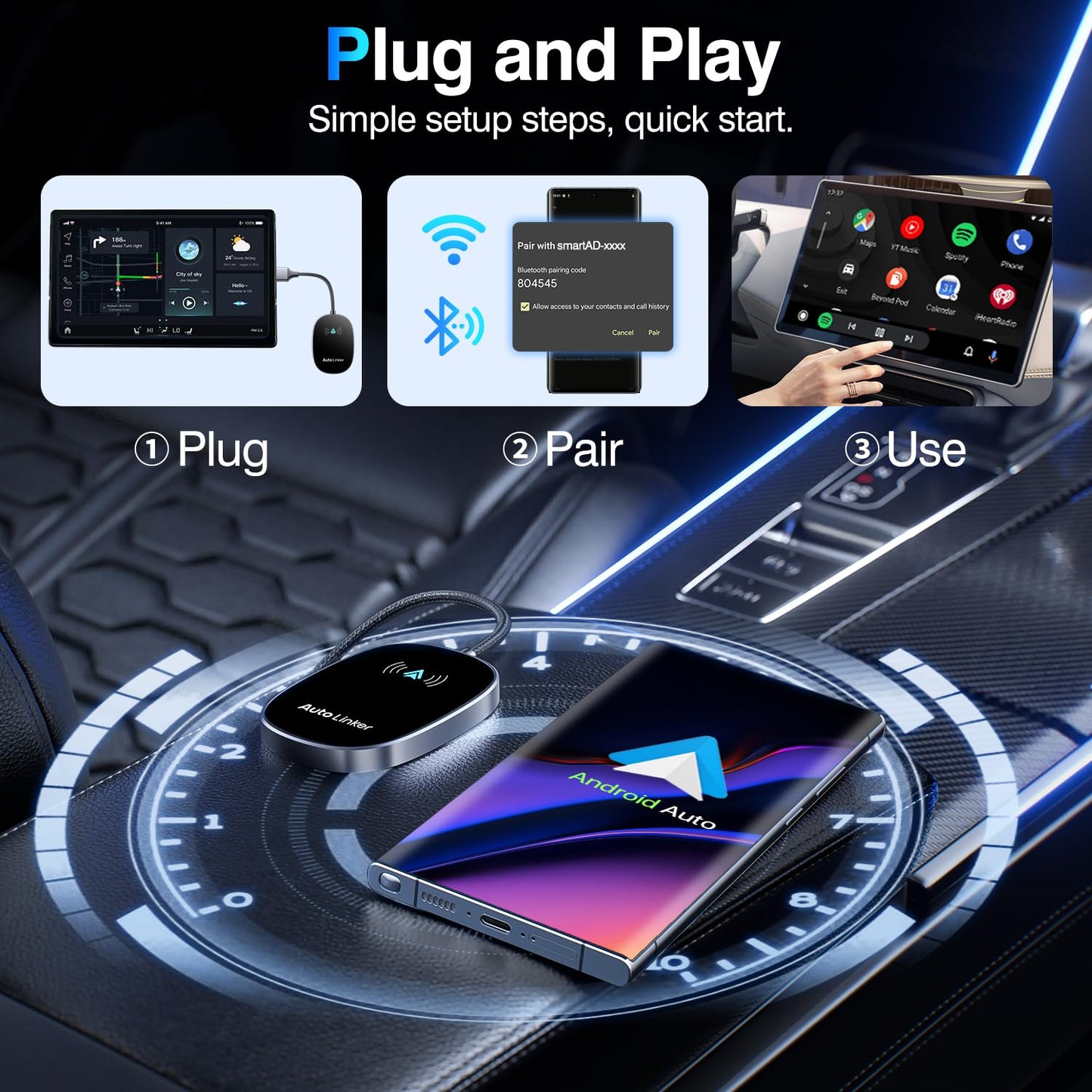 Android Auto Wireless Adapter for Cars with Built-in Wired Android Auto Easy Setup Support NFC Pair Fast Seamless Connection Stable Plug and Play Wireless Android Auto Car Adapter Dongle (Black)