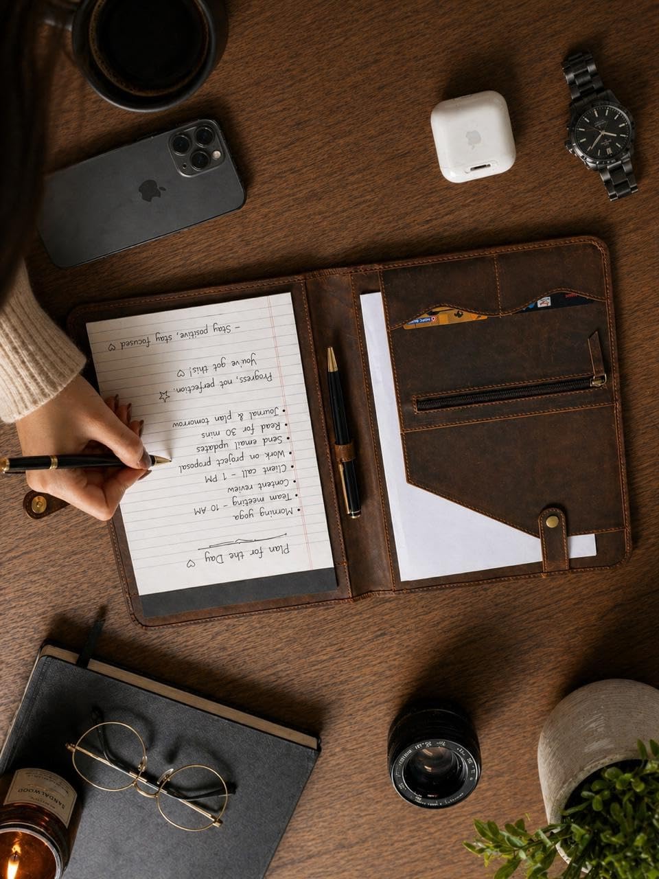 Leather Portfolio, Binder, Business Portfolio for Professionals, Leather Padfolio, Document Card Holder, Resume Folder, Business Padfolio for Men & Women (Founten Pen & Notepad Included)