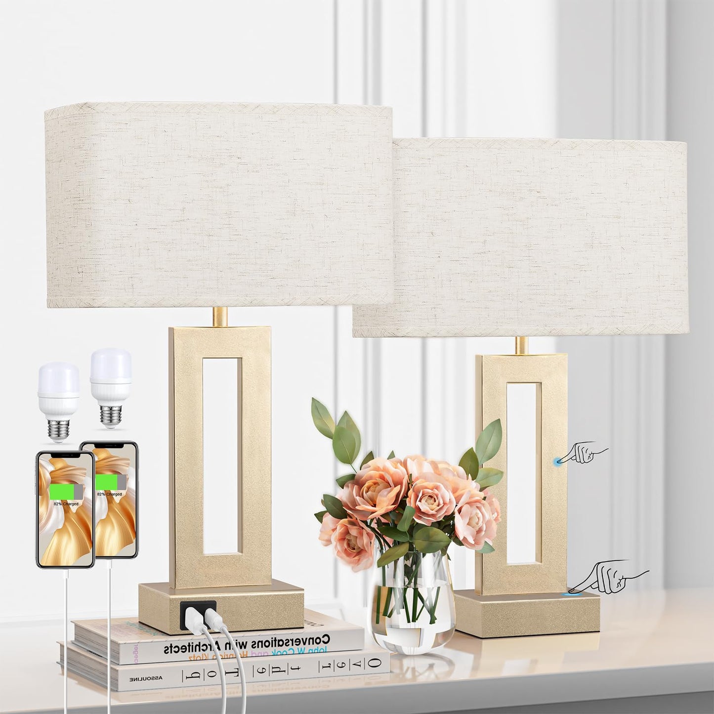 Seealle Bedroom Table Lamps Set of 2 - Beige Gold Touch Bedside Lamps with USB C+A, 3 Way Dimmable Gold Lamp for Nightstand, Modern Night Stands Lamps for Living Room