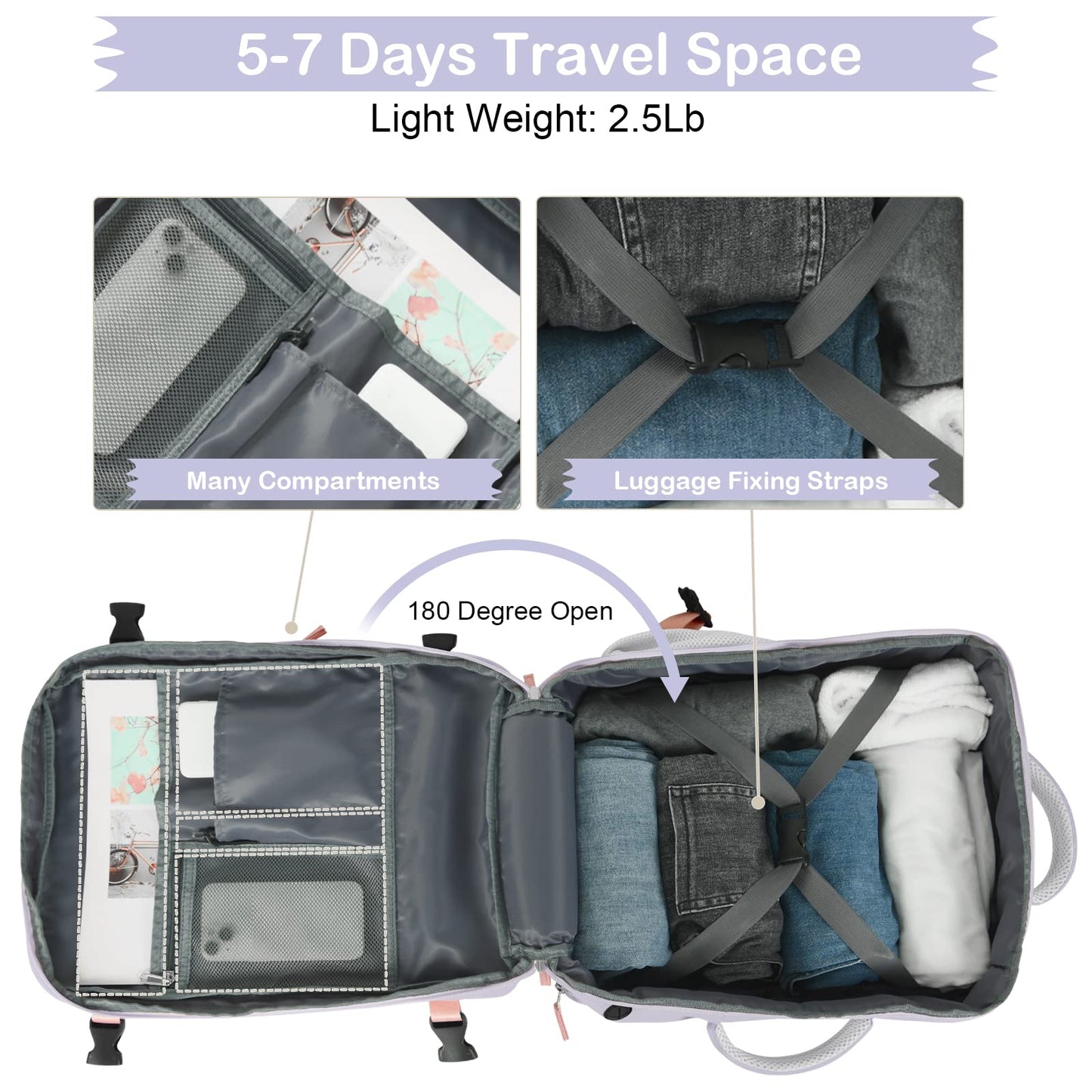 Hanples Large Travel Backpack for Women as Person Item Flight Approved, Waterproof 40L Carry On Backpack, 17 Inch Laptop Backpack for Business Bag with 2 Toiletry Bags (Gray Purple)