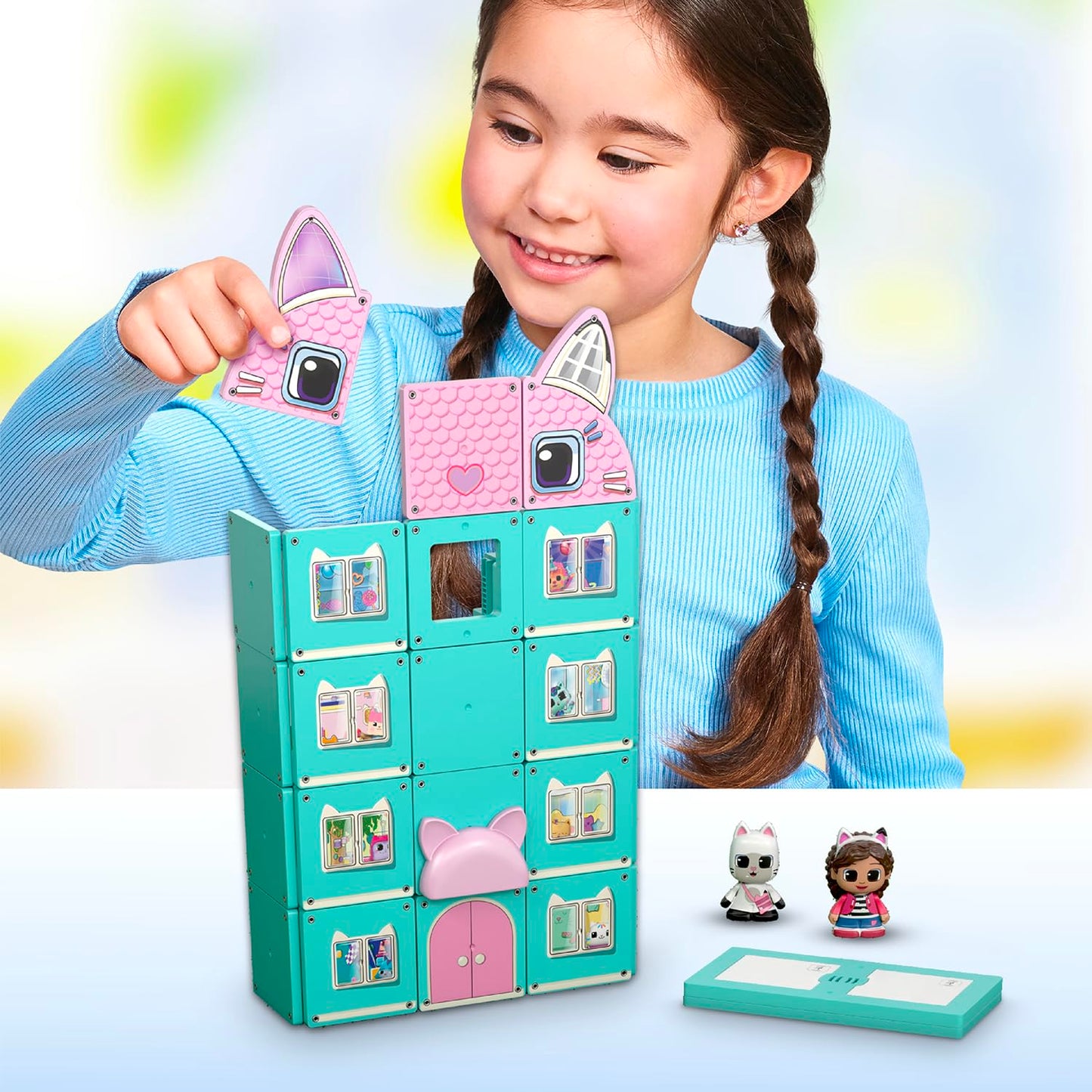 Tile Town Gabby's Dollhouse Tile Set with Gabby and Pandy Paws Figures, Magnetic Building Set, Interactive Toy, Safe and Creative Magnet Tiles, Buildable Tile Sets for Kids 3+