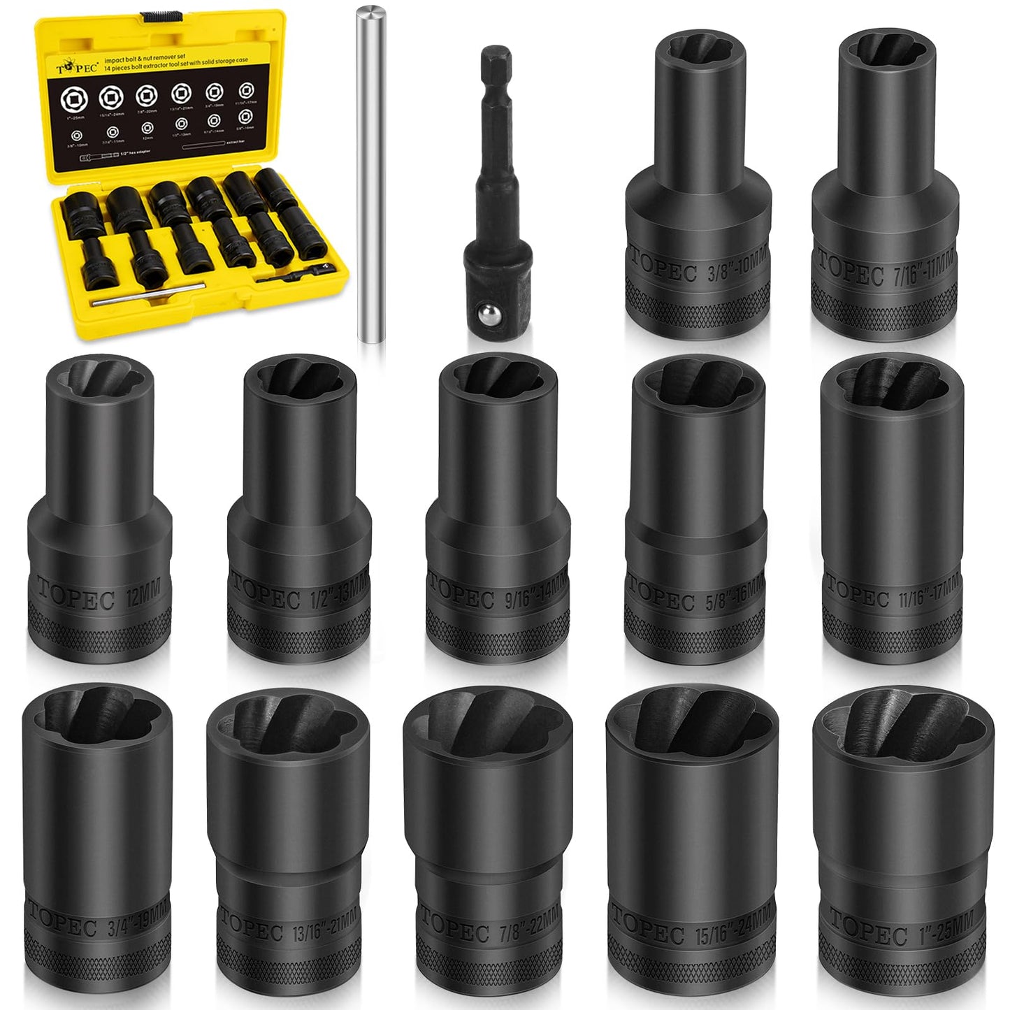 Topec 14PCS Lug Nut Removal Tool, 1/2" Drive Lug Nut Extractor Set, 10-25mm Stripped Lug Nut Remover Socket, Wheel Lock Removal Kit for Damaged, Rusted, Rounded Bolts, Tire Lug Nuts