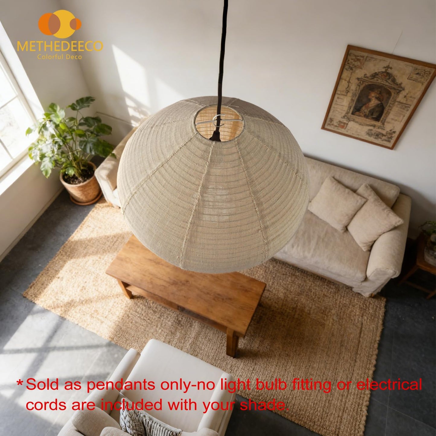 METHEDEECO Oval Hanging Lamp Shade Only, 16 Inch Faux Linen Pendant Lamp Shade, Foldable Fabric Replacement Shade, White with Beige, Minimalist Pendant Lantern Shade for Bedroom Living Room Kitchen