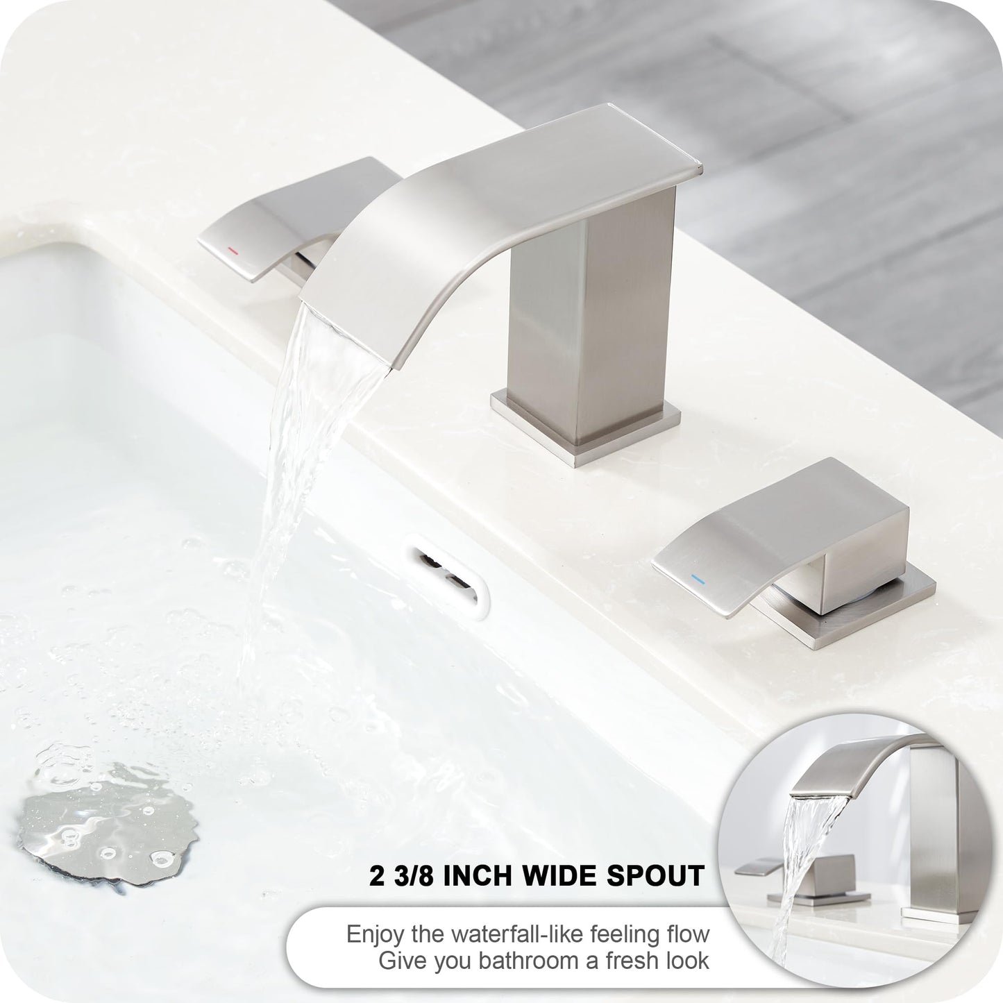 GAGALIFE 8 Inch Waterfall Bathroom Faucets 3 Hole - Brushed Nickel Widespread Bathroom Faucet with Pop-up Drain, Two Handles Bathroom Sink Faucet, Modern Vanity Sink faucets with Supply Lines