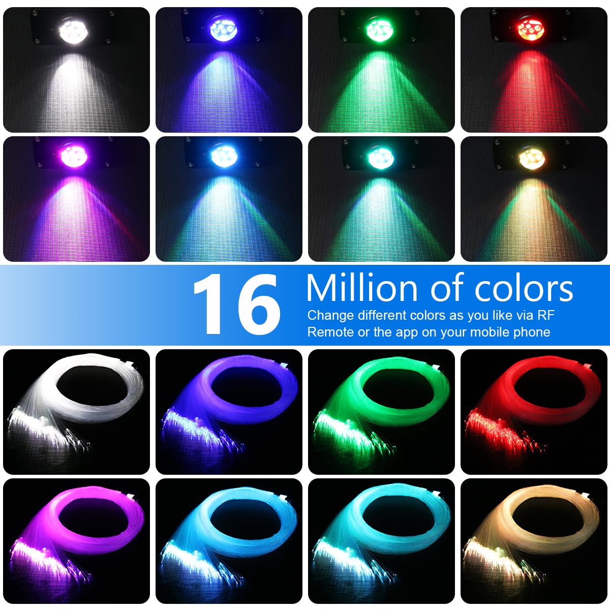 AZIMOM 16W Twinkle & Sound Activate Mixed430pcs*9.8ft Fiber Optic Starlight Headliner Kits for Car Home Star Ceiling Sky Decoration, APP& Remote Control Light Engine End Glow Fiber Strands
