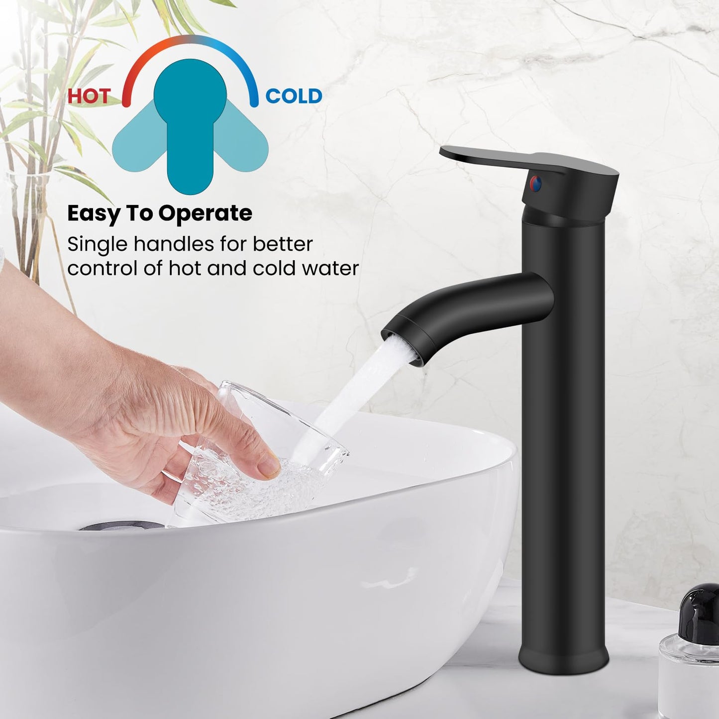 gotonovo Vessel Sink Faucet Modern One Hole Bathroom Faucet Deck Mount Lavatory Vanity Single Handle Mixer Tap with Water Supply Hose and ABS Pop Up Drain Matte Black