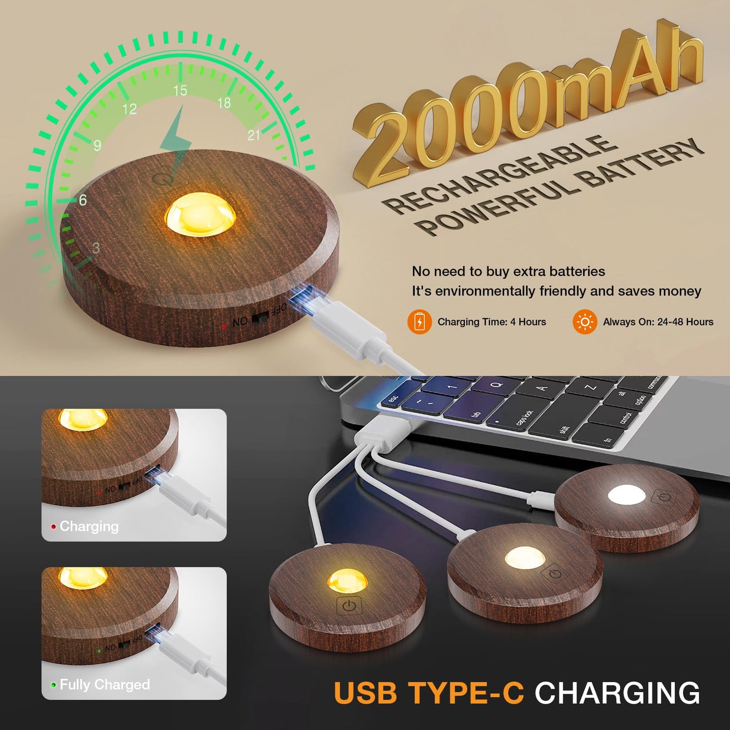 MEKKLEON Puck Lights with Remote Control Rechargeable,Wireless Under Cabinet Lighting,2000mAh Battery Operated Tap Push Touch Lights,Stick On Lights for Counter,Shelf,Bookcase (Wood Color, 5 Pcs)