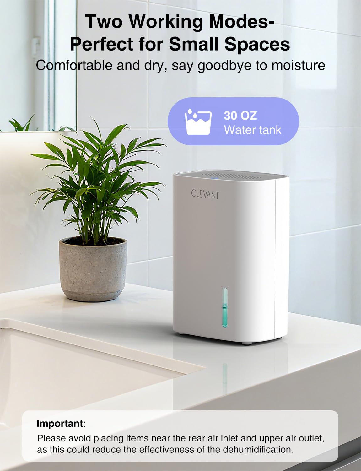 CLEVAST Small Dehumidifier for Home, 30oz Compact Mini Dehumidifier with Auto Shut-Off, Quiet 24dB Portable Air Dehumidifier for Bathroom, Bedroom, Closet, Camper