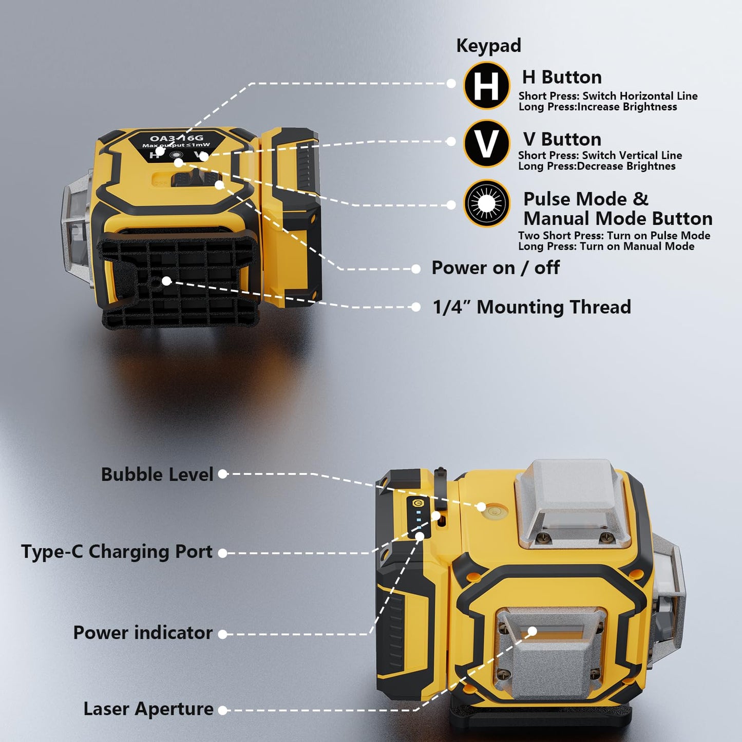 16 Line Laser Level 360 Self Leveling,Professional 4 x 360 Laser Level with Pulse Mode,4D Green Alignment Laser for Construction and Picture Hanging,with 2 Batteries,Magnetic Bracket,Hard Carry Case