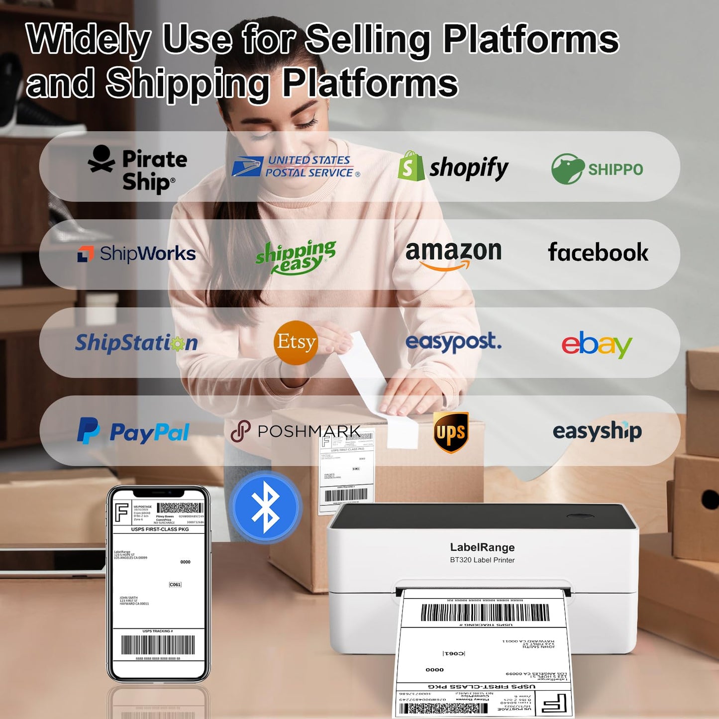 LabelRange Ecommerce Label Printer, Bluetooth Thermal Shipping Label Printer, 4x6 Thermal Printer Compatible with Android, iOS, Windows, Amazon, Ebay, Shopify, Etsy, USPS, Pirate Ship, Shippo