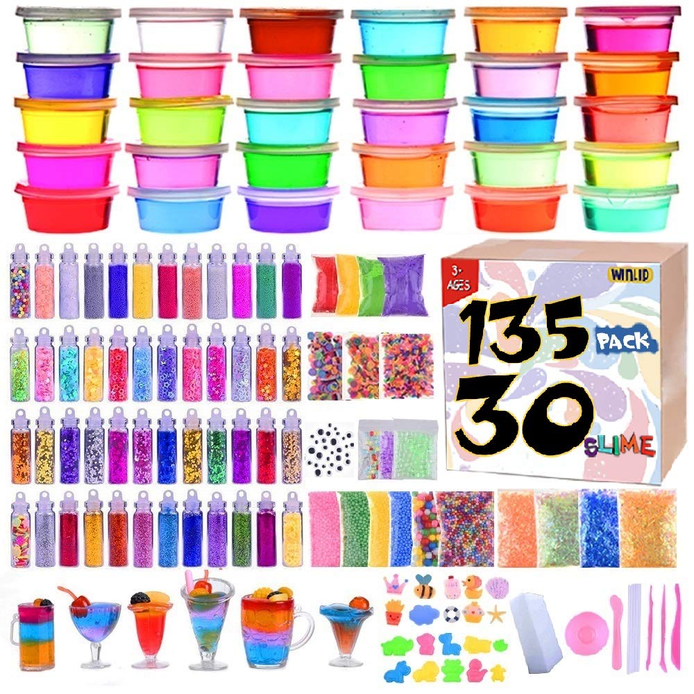 Slime Kit, 135 Pack Slime Making Kit 30 Crystal Slime, Glitter Jars, Charms, Sugar Paper, Foam Beads, Fishbowl Beads, Toy Cups, Slices, Air Dry Clay and Tools for Kids Girls by WINLIP