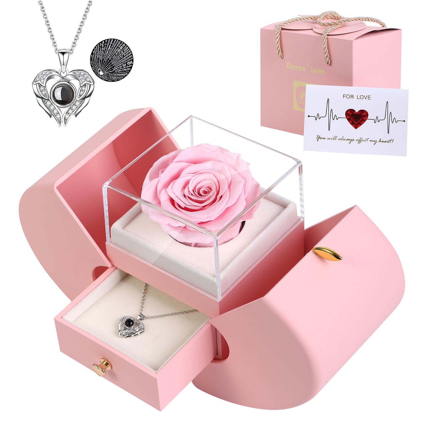 Preserved Real Pink Rose with I Love You Necklace 100 Languages, Gifts for Girlfriend, Women, Mom, Wife, Gifts Idea on Christmas, Valentine's Day, Mother's Day, Birthday, Anniversary, Thanksgiving