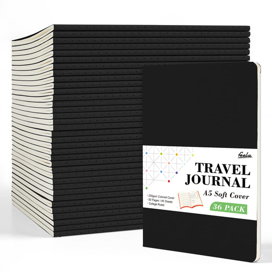 feela 36 Pack Soft Cover Journal Bulk, Lined Blank Travel Journal for Women Men Writing, Notebooks College Ruled for Work, Note Taking Notebook School Business Supplies, 8.2” x 5.5”, A5, Black