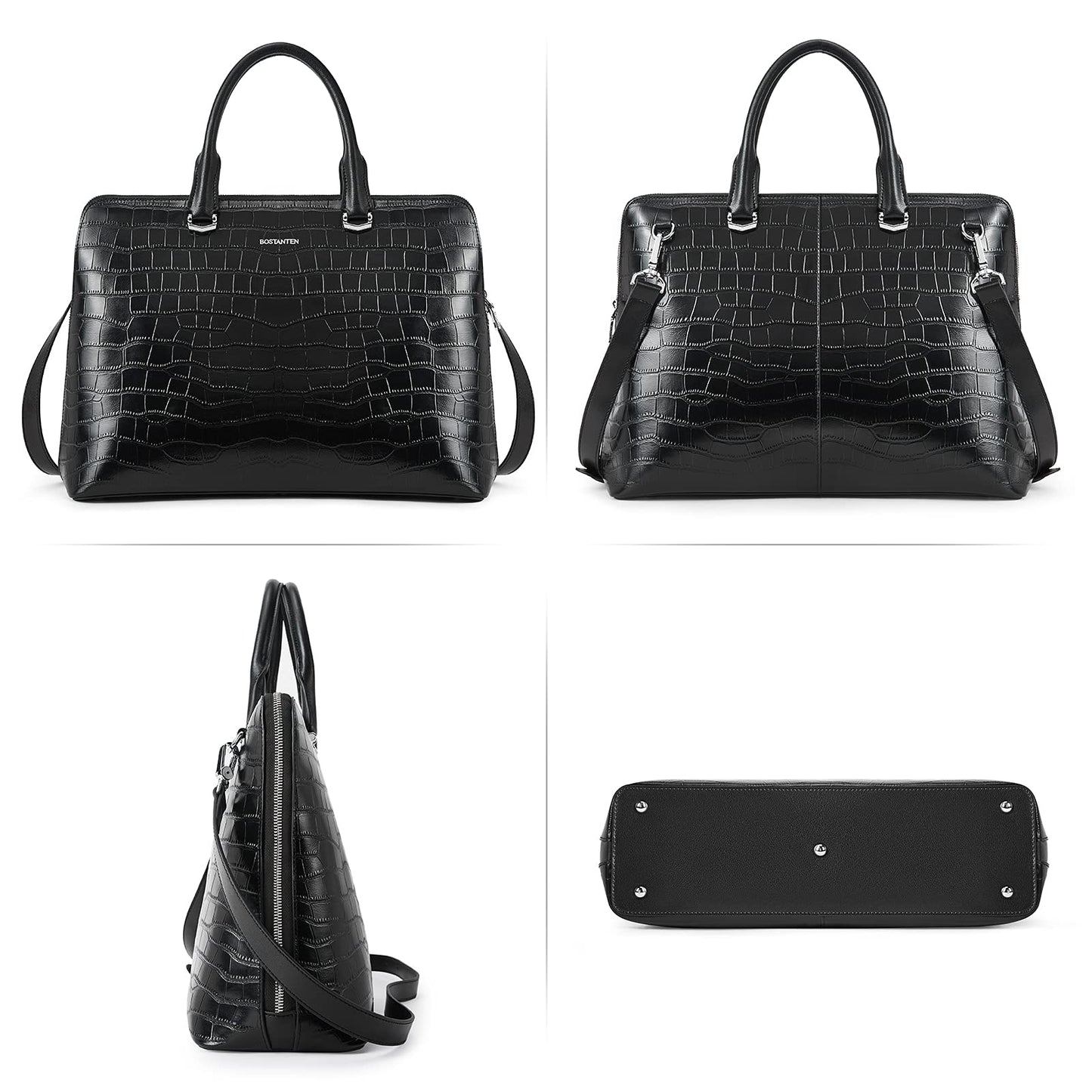 BOSTANTEN Briefcase for Women Leather 15.6 inch Laptop Shoulder Bags Office Work Crossbody Handbags Crocodile Pattern Black