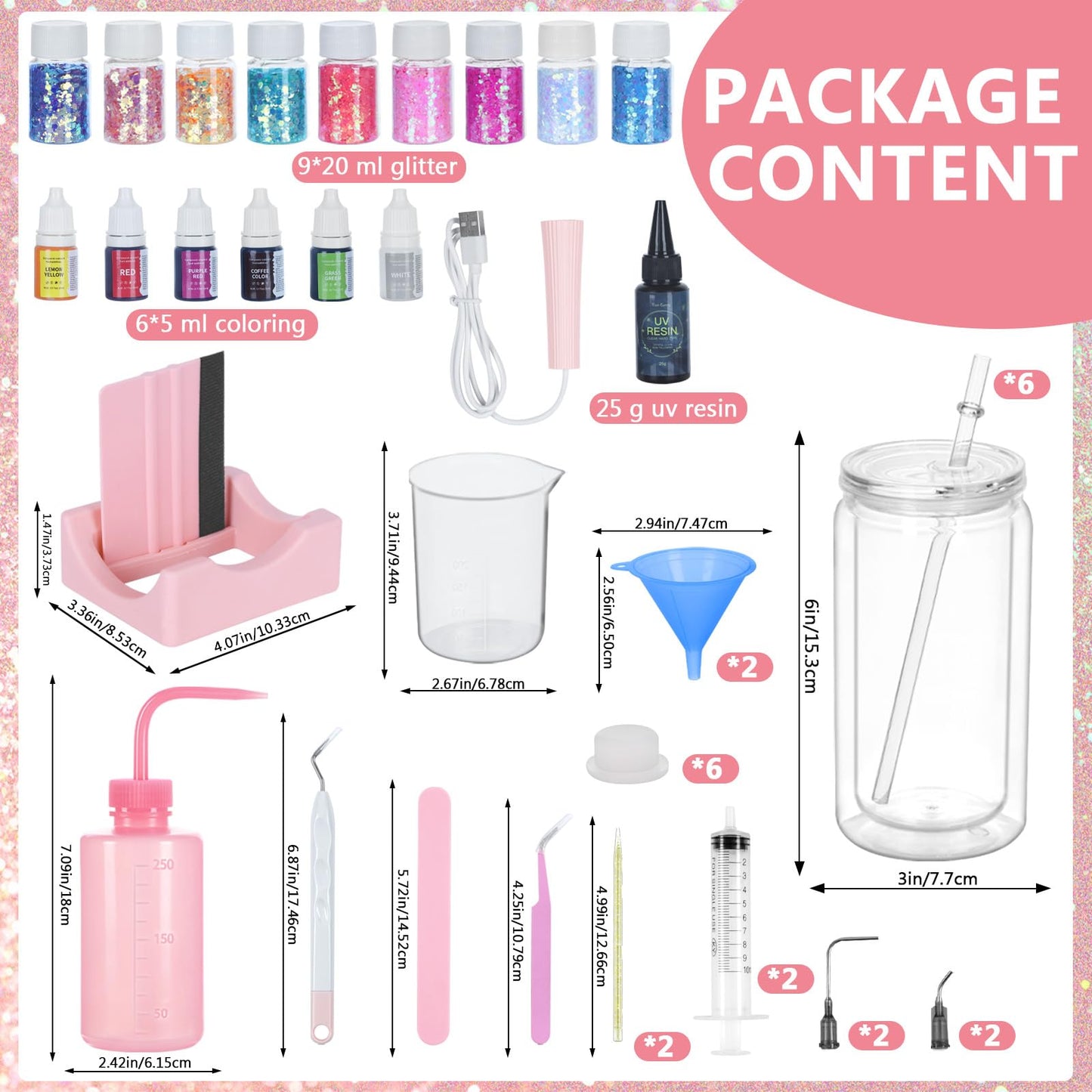 6 Pack 16 Oz Acrylic Snow Globe Tumbler Supplies Starter Kit, Double Wall Plastic Pre-Drilled Snowglobe Tumbler Cup Tool Set, Including Squeeze Bottle Cup Cradle and Scraper etc.