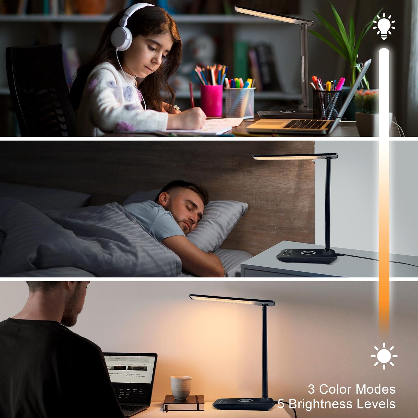 snsok Desk Lamp with Wireless Charger, USB Charging Port, Dimmable Office Desk Light with Clock, Alarm, Date, Temperature, Foldable Lamp for Table Bedroom Bedside Office (Black Pro)