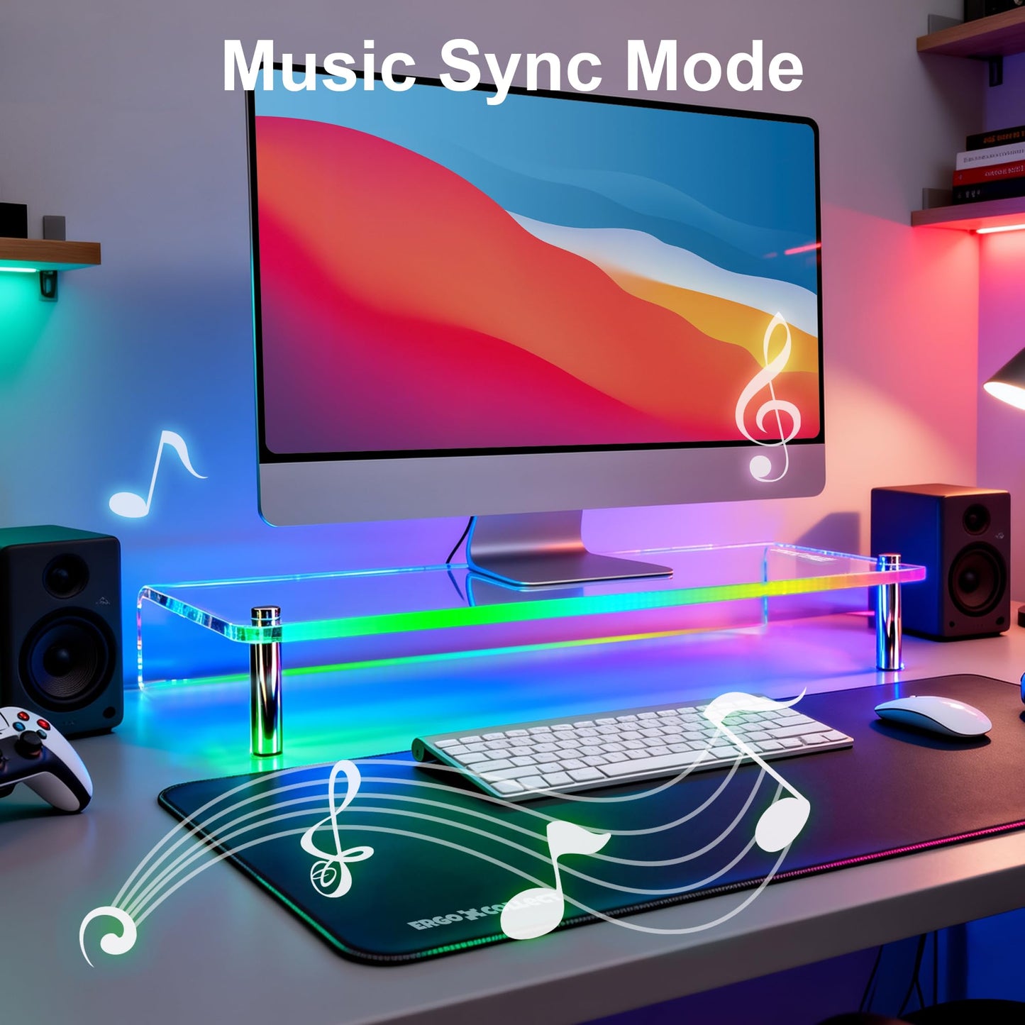 ERGO COLLECT Thickened Acrylic Monitor Stand, RGB LED Color Changing Desk Riser with 3 Control Modes, APP Control Button Control Music Sync Gaming Light, Clear Desktop Shelf for Computer Laptop Home Office Gaming Setup, 23.6 Inch