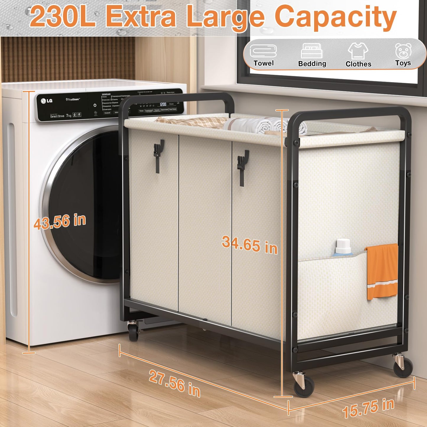 60 Gal (230L) Laundry Sorter 3 Section with Lid, Laundry Hamper Cart with Heavy Duty Rolling Lockable Wheels and Metal Handle,Laundry Basket Organizer with Removable Bag for Laundry Room - White