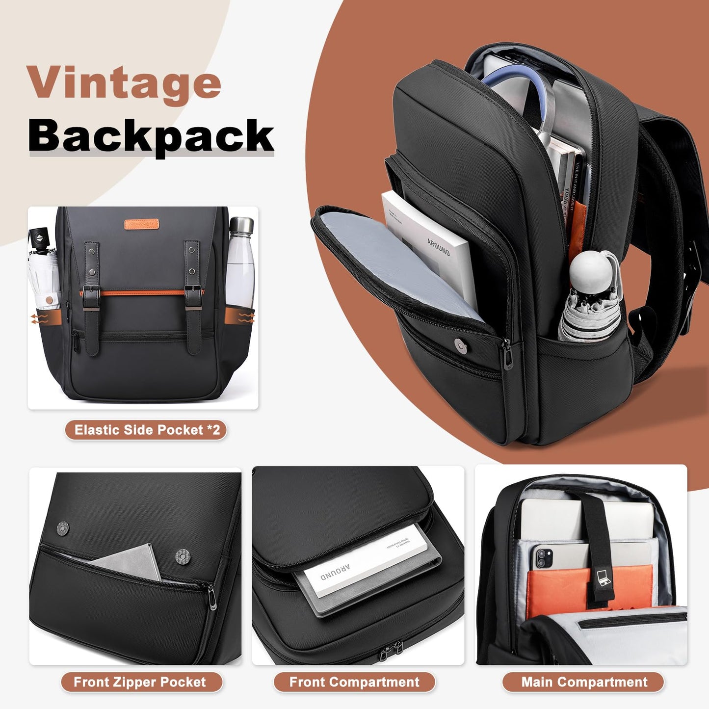 Slim Laptop Backpack for Men & Women, 15.6 Inch Lightweight Business Backpack with Magnetic Flap, Keychain, Casual Daypack College Bookbag Water-Resistant Travel Work Commuter Backpack, Black