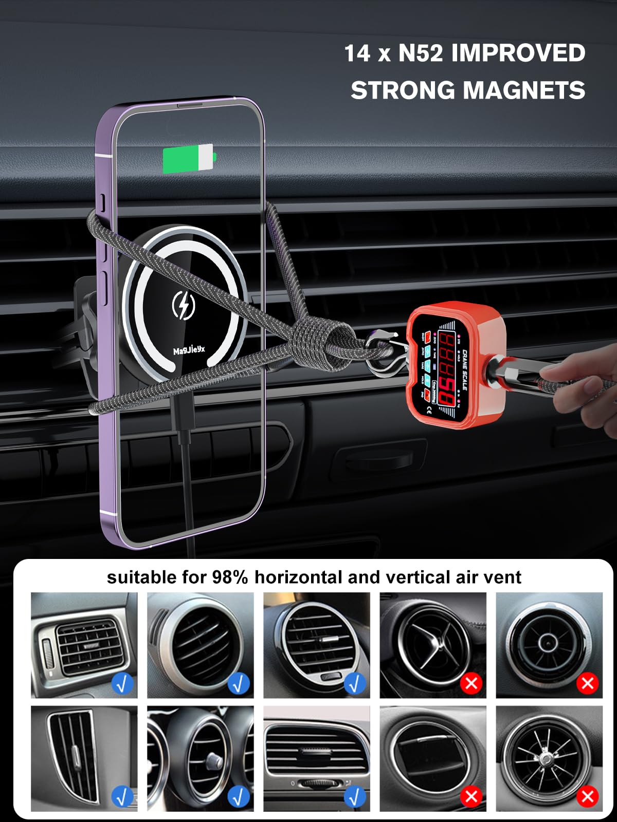 MAGJIEYX for Magnetic Magsafe Car Mount Charger, Wireless Car Charger with Fast Max 36W QC3.0Charging Adapter Retractable Phone Holder Fits iPhone16/15/14/13Plus/MagSafe Case,Dashboard/Vent/Windshield