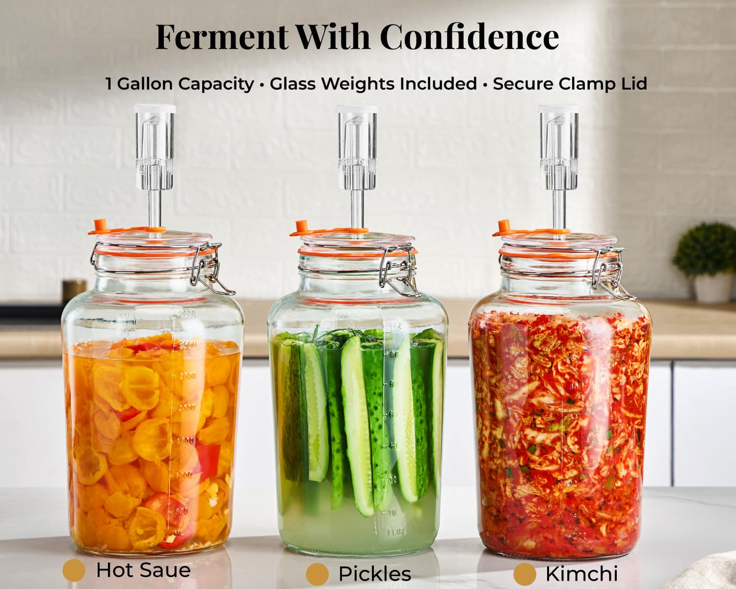 Glolaurge 1 Gallon Fermentation Jars, 2 Pack Glass Fermentation Kit with Airlocks & Weights, Wide Mouth Fermenting Jars for Sauerkraut, Kimchi, Pickles, Mead & More