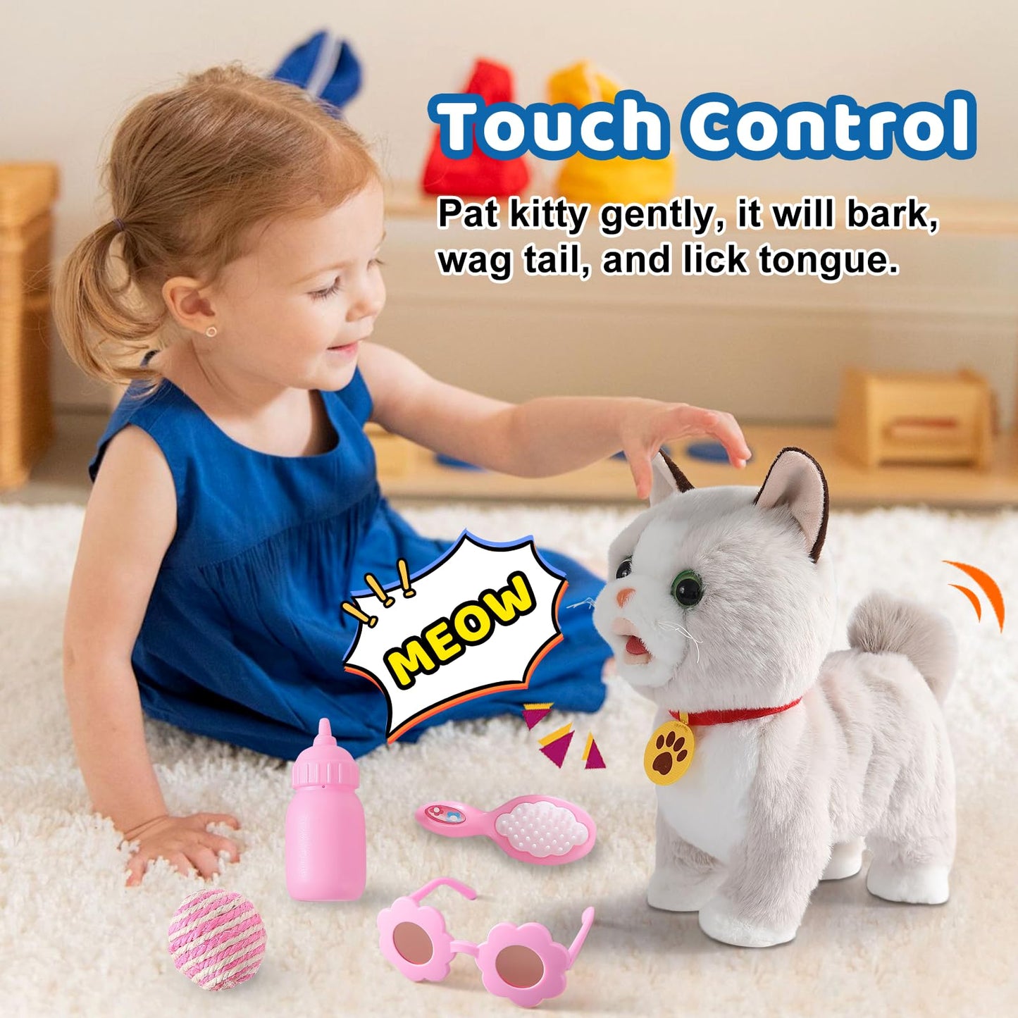 Walking Cat Set Interactive Talking Cat Toy Kitten Repeat What You Say Robot Cat Toy for Girl Singing Dancing Touch Control Cat with Leash Wagging Tail Nodding Plush Electric Ragdoll Kitty Cat for Kid