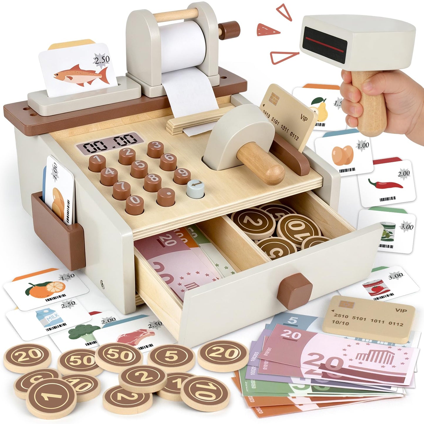 Cash Register Toy for Kids Play Money Birthday Gift for Toddler 3 4 5 Year Old Girls Boys with Scanner Pretend Play Toddler Toys Store Educational Preschool Toys with Wooden Coins Prop Money