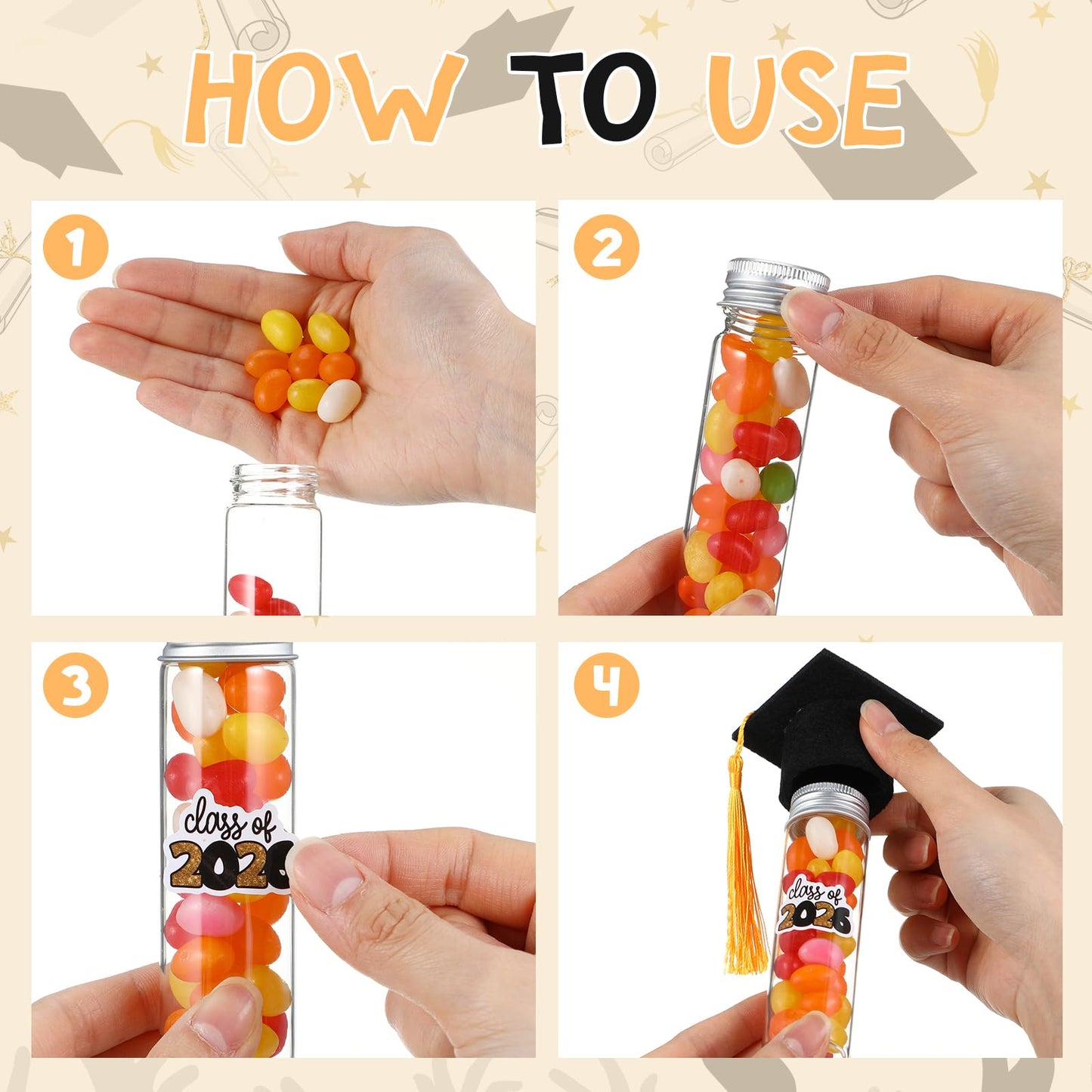 LemonRoad 60 Set 2026 Graduation Candy Tubes Graduation Party Favors Candy Container with Lid Glass Bottles Gold Mini Graduate Caps Decorative Stickers for DIY Class Celebration Table Gift Supplies