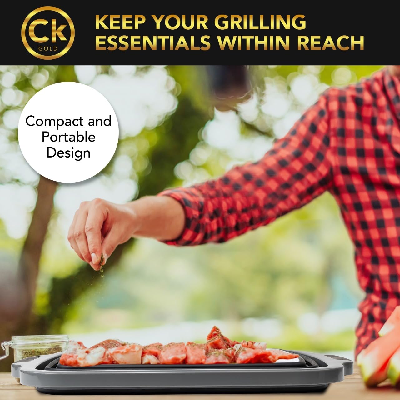 CK GOLD New XL Collapsible BBQ Prep Tub with LOCKING Lid, Cutting Board & Drain Hole | BPA-Free, Food-Grade, Space-Saving Prep Tubs for Marinating, Grilling, Camping & Outdoor Cooking (Black, 16L)