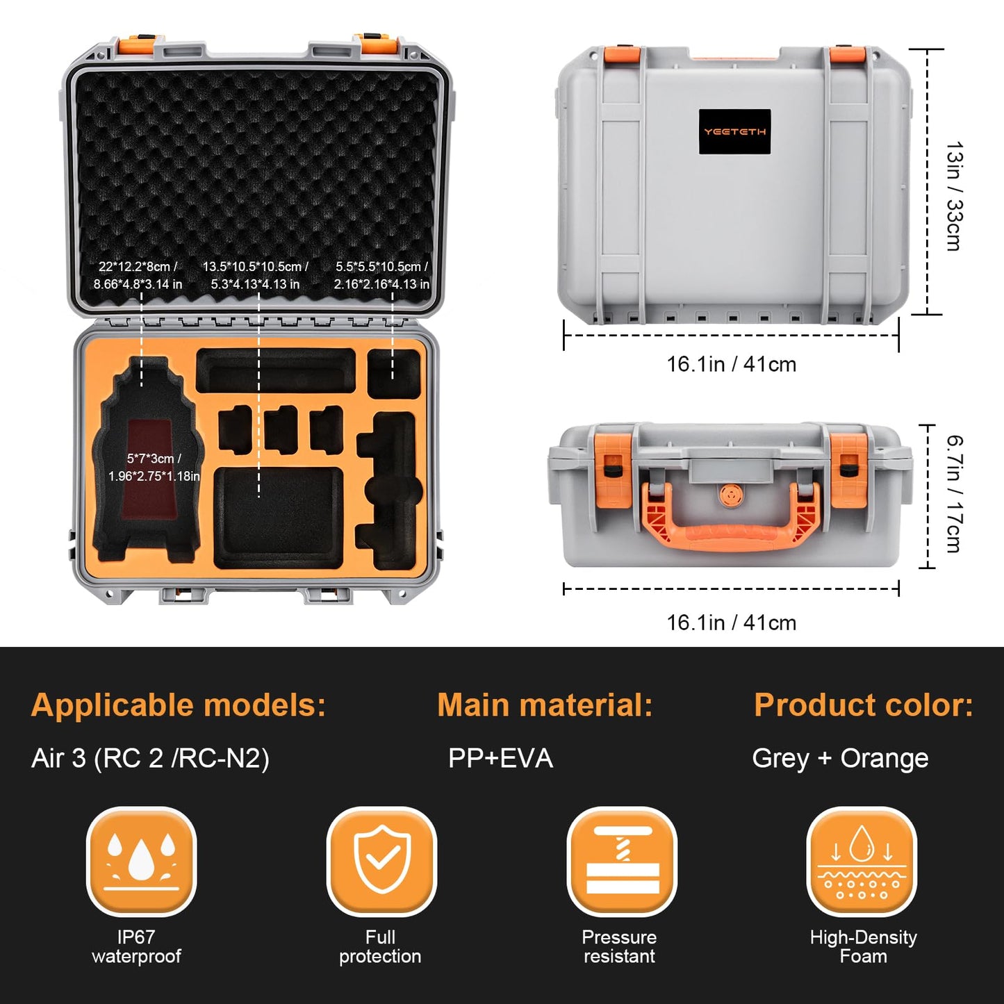YETEETH Hard Case for DJI Air 3S Air 3, Waterproof Pressure Resistant Carrying Case for DJI Air 3S Air 3 Accessories - Fits Latest DJI RC 2/RC-N2/RC-N3 (Grey)