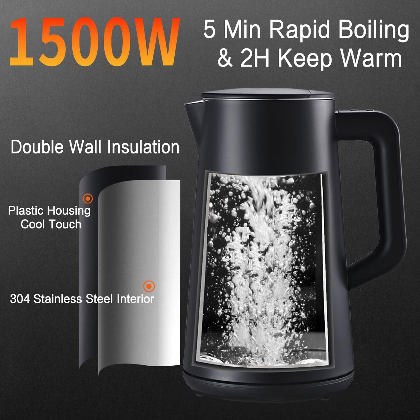 QUAXWELL 1.5L Electric Kettle Stainless Steel, Double Wall Cool Touch Teapot, Fast Boil,5 Temperature Control, LED Display, Auto Shut-Off, BPA-Free,Keep Warm Function, Ideal for Tea & Coffee,Black