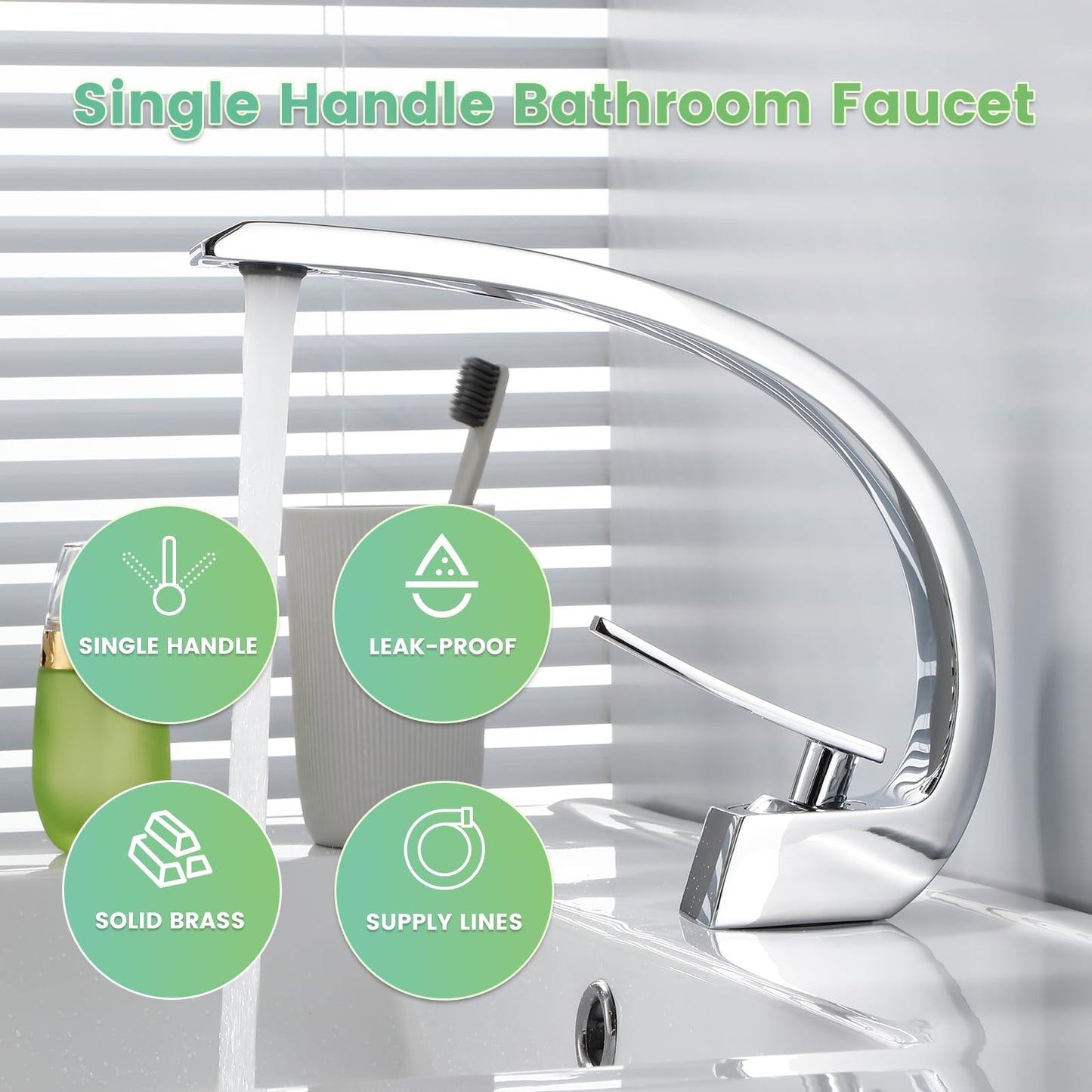 Geobella Bathroom Sink Faucet Modern Single Hole 1-Handle Faucet, Chrome Solid Brass Faucets, Mount Curved Lavatory Faucets Mixer Tap