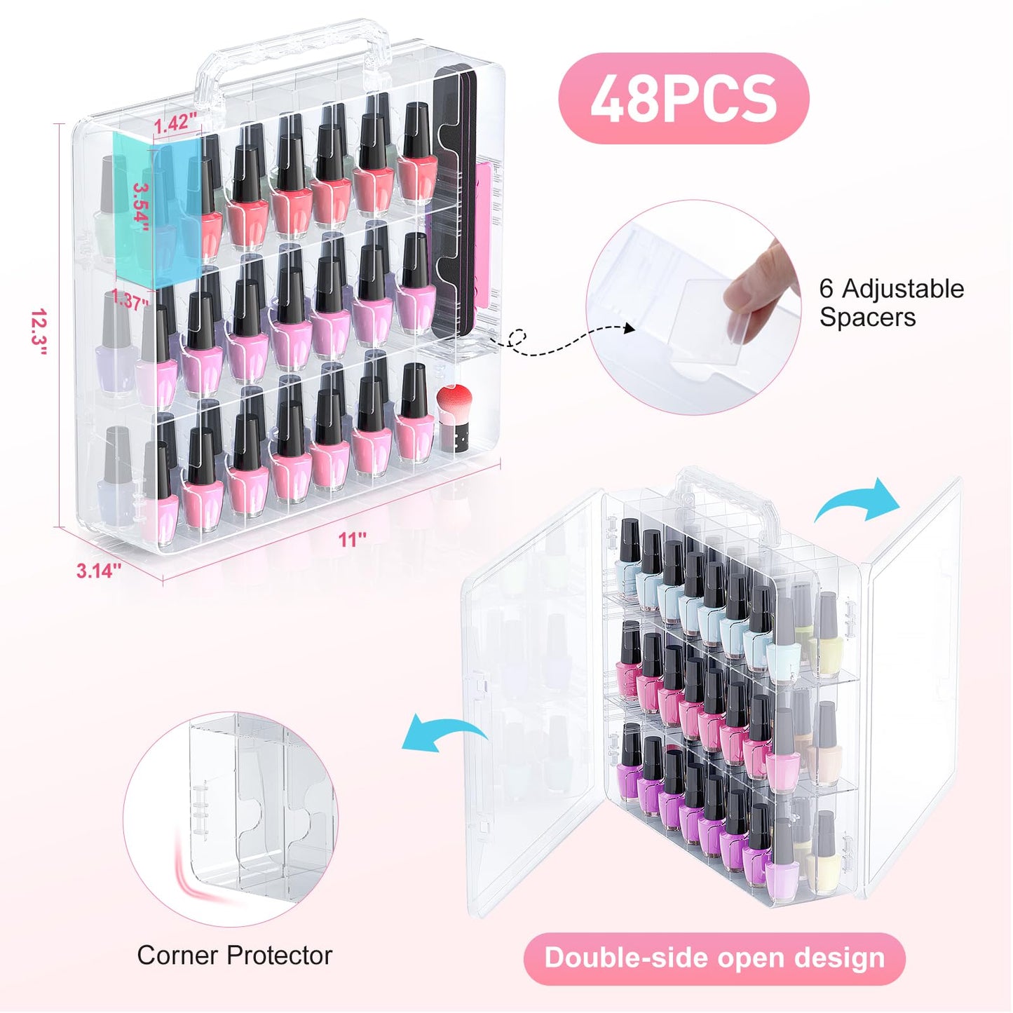 Beloving 2pcs Nail Polish Organizer, Portable 48 Bottles Clear Nail Polish Holder with Adjustable Divider, Gel Nail Polish Storage Double Side Nail Polish Organizer Case for Nail Tech