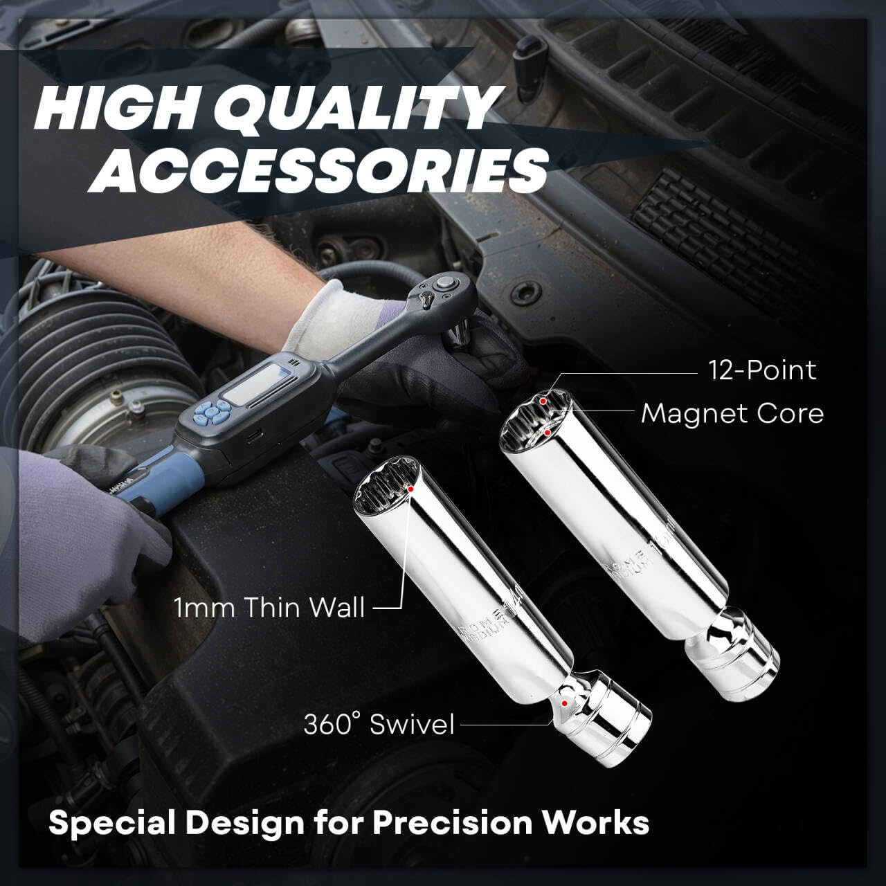 3/8 Torque Wrench Digital (5.02-99.6 Ft.Lb）±1 % Accuracy Digital Spark Plug Socket & Tire Inch Pound Torque Wrench 3/8 Drive with Buzzer and LED Flash Notification Track Mode for Moto Auto Car
