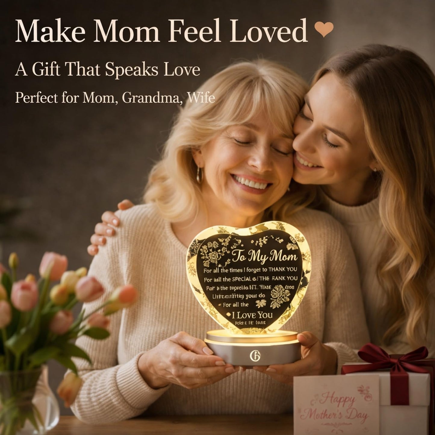 Mother’s Day Gifts for Mom from Daughter or Son – Crystal Heart Keepsake with LED Base, Unique Birthday Christmas Anniversary Present, Sentimental Gift for Mother, Thank You Ornament (Mother Gift)