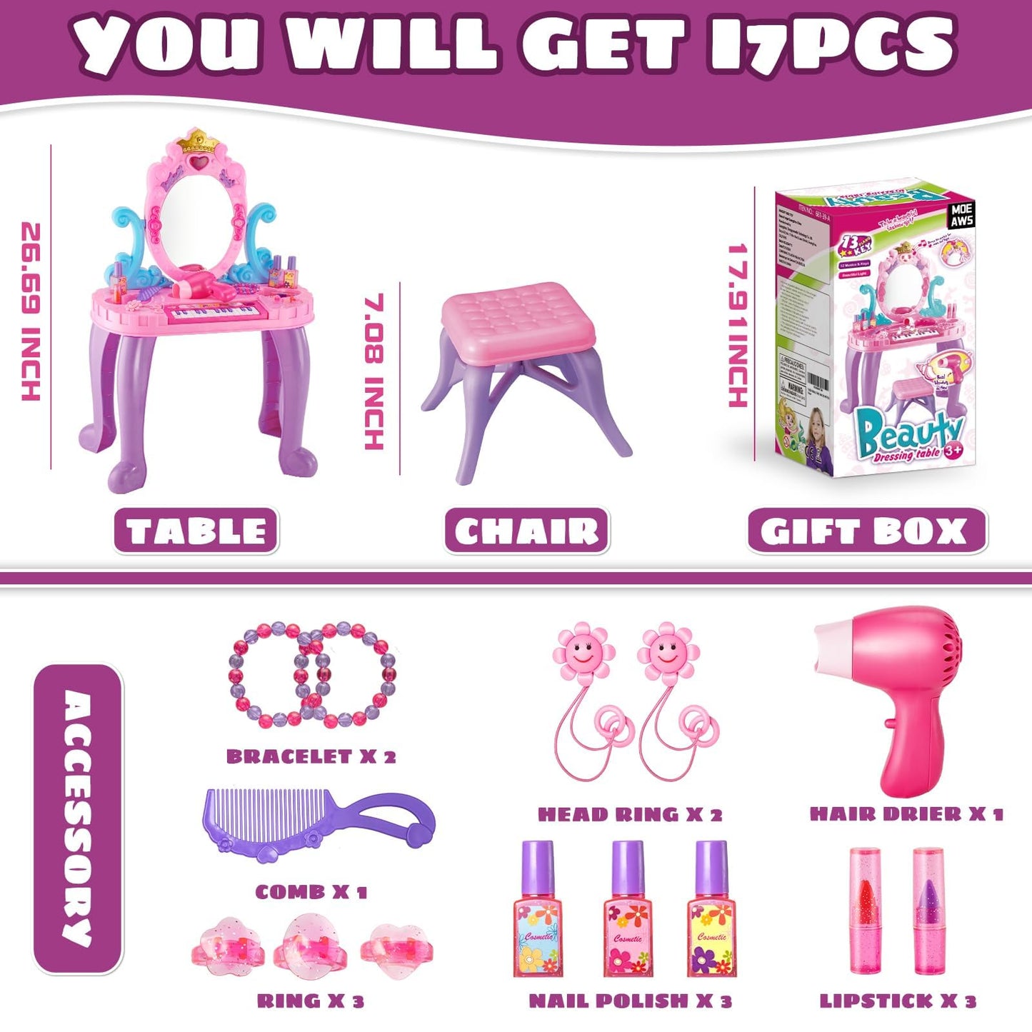Vanity Makeup Table Toy for Kids, Toddler Girl Pretend Play Makeup Accessories- Princess Dress Up Set, Music Piano & Lights, Adjustable Mirror, Hairdryer, Mermaid Table & Chair Kit, Birthday Gift
