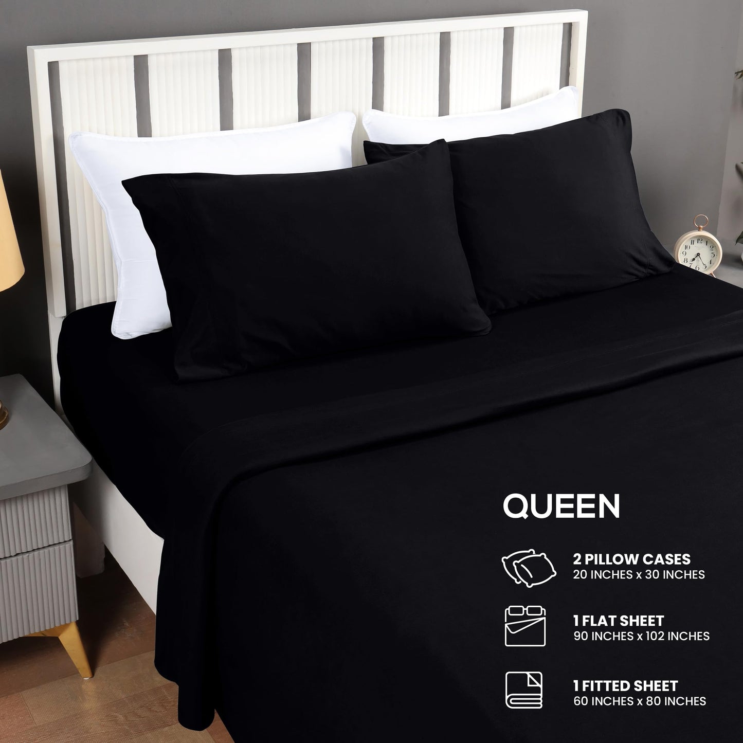 Utopia Jersey Knit 4-Piece Queen Sheet Set Cotton Sheets Soft, Stretchy T-Shirt Fabric (Queen, Black)