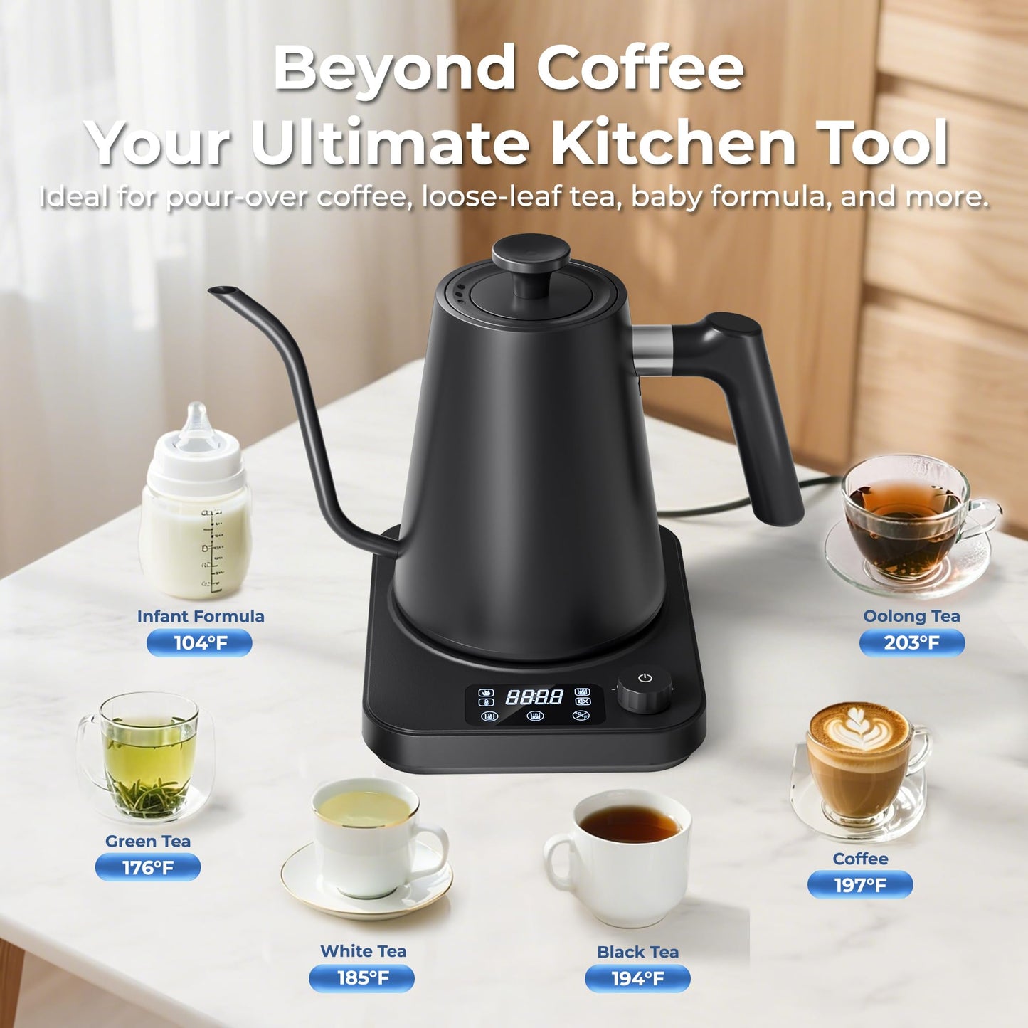 AGORVIO Gooseneck Electric Kettle, ±1°F Temperature Control Electric Kettle, 1.0L 1200W Fast Heating, 24H Keep Warm, 30Min Auto Memory, Food Grade Stainless Steel, Pour Over Kettle for Coffee and Tea