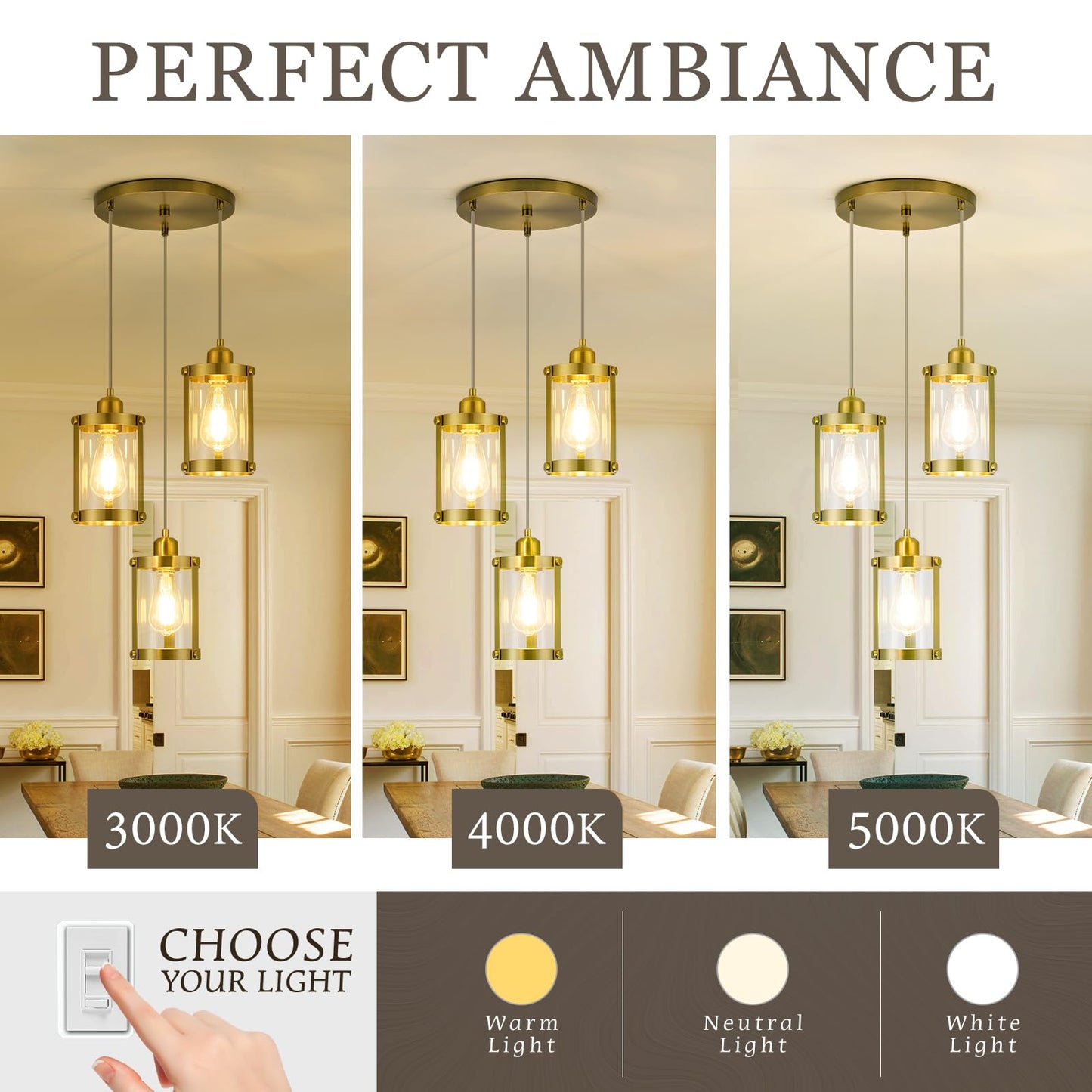 Osimir 3-Light Pendant Lighting, Brushed Gold Dining Room Chandelier Light Fixture Over Table with Clear Glass, Modern Cluster Hanging Lights for Kitchen Island Sink, OS-3014-3BG