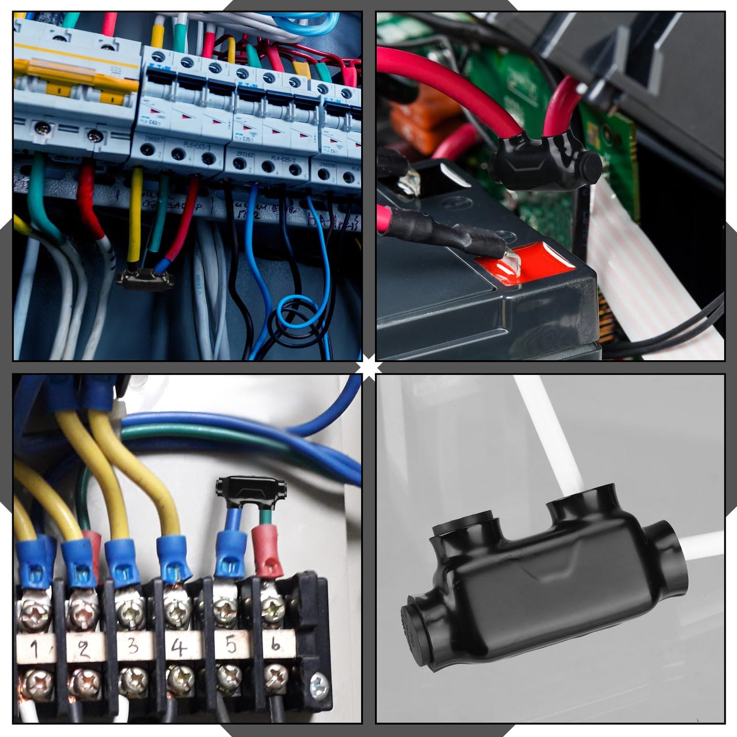 Copkim 5 Pcs Multi Cable Connectors, Black Vinyl Coated Wire Insulated Splicers with 2 Ports Inline and Dual Sided Entry, Dual Rated for Copper Aluminum (250MCM-6AWG)