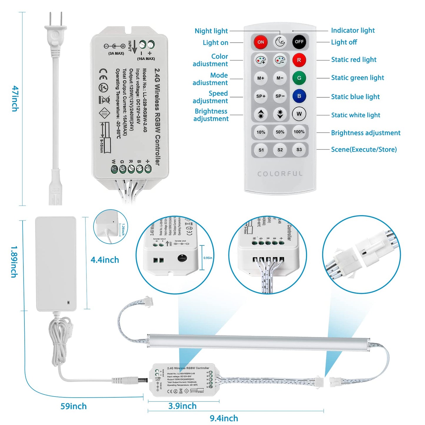 Under Cabinet LED Lights Kit. RGB Color Changing & Super Bright White Lighting. Dimmable with Remote. 6 pcs Linkable LED Light Strips with Power Supply, Extension Cords. Plug in. Max 24W. RGB + 5000K.