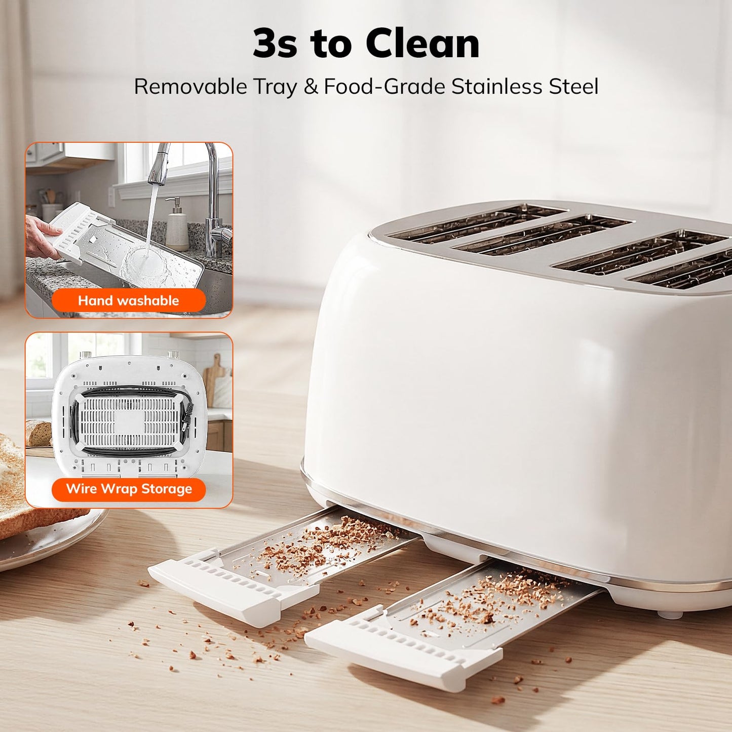 Keenstone Toaster 4 Slice, Retro Stainless Steel Wide Slot Toaster with Dual Independent Controls, 6 Browning Levels, Bagel, Defrost, Reheat & Cancel, Removable Crumb Tray, White