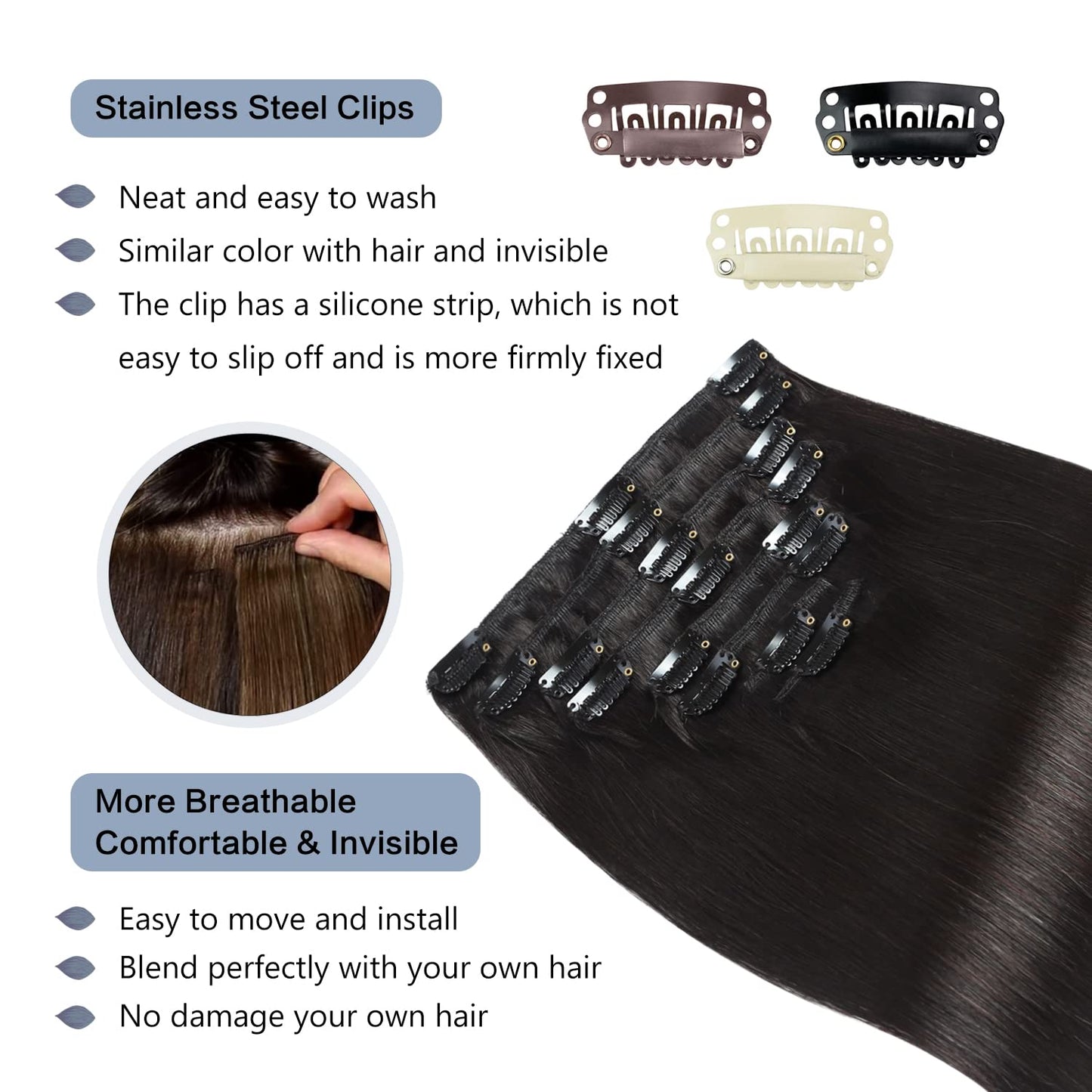 Sunya Clip in Hair Extensions Real Human Hair Natural Black Human Hair Clip in Extensions Double Weft Human Hair Clip ins Straight Hair Extensions Clip ins 18 Inch #1B 8Pcs/120g
