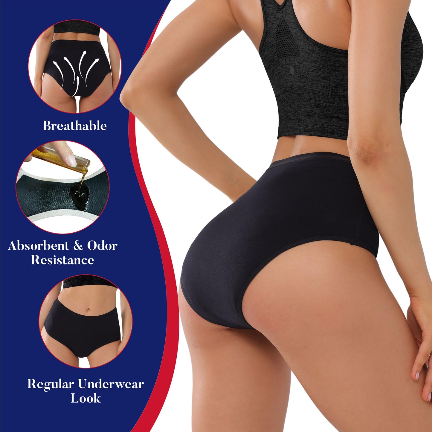 KARSWATT Washable Women High Rise Urinary Incontinence Underwear Leakproof Postpartum Panty Bladder Leak Protection 3 Pack(Large, Black)