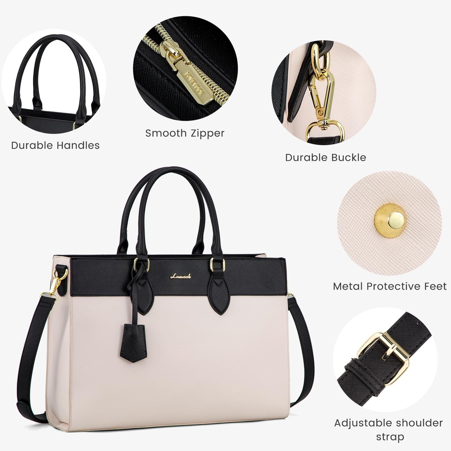 LOVEVOOK Laptop Bag for Women, Waterproof Leather Laptop Tote Bag, Large Professional Work Bag Purse & Business Computer Briefcase for Office, Teacher, Gifts, Beige & Black Two-tone