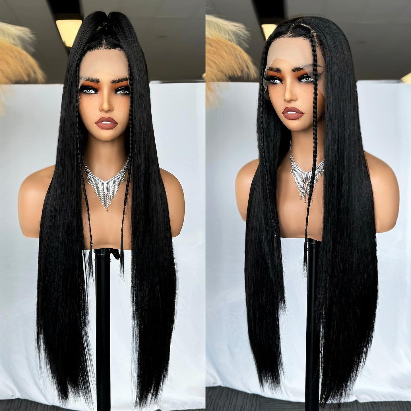 SOKU 13x6 Synthetic Lace Front Wigs,32 Inch Long Straight Wigs Pre Plucked,Free Part Natural Black Lace Frontal Wigs with Baby Hair for Women,Put On Go Glueless Wig Beginner Friendly