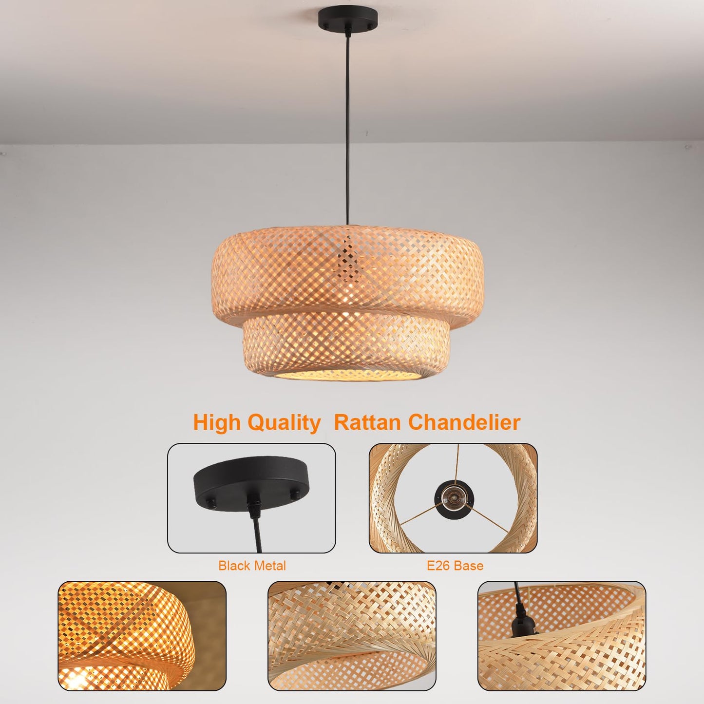 HUAHENGHAO 18.12 Inch Boho Bamboo Chandelier Hand Woven Dining Room Lights Wicker Hanging Lighting Fixtures for Living Room Kitchen Bedroom Coffee Restaurant Hallway