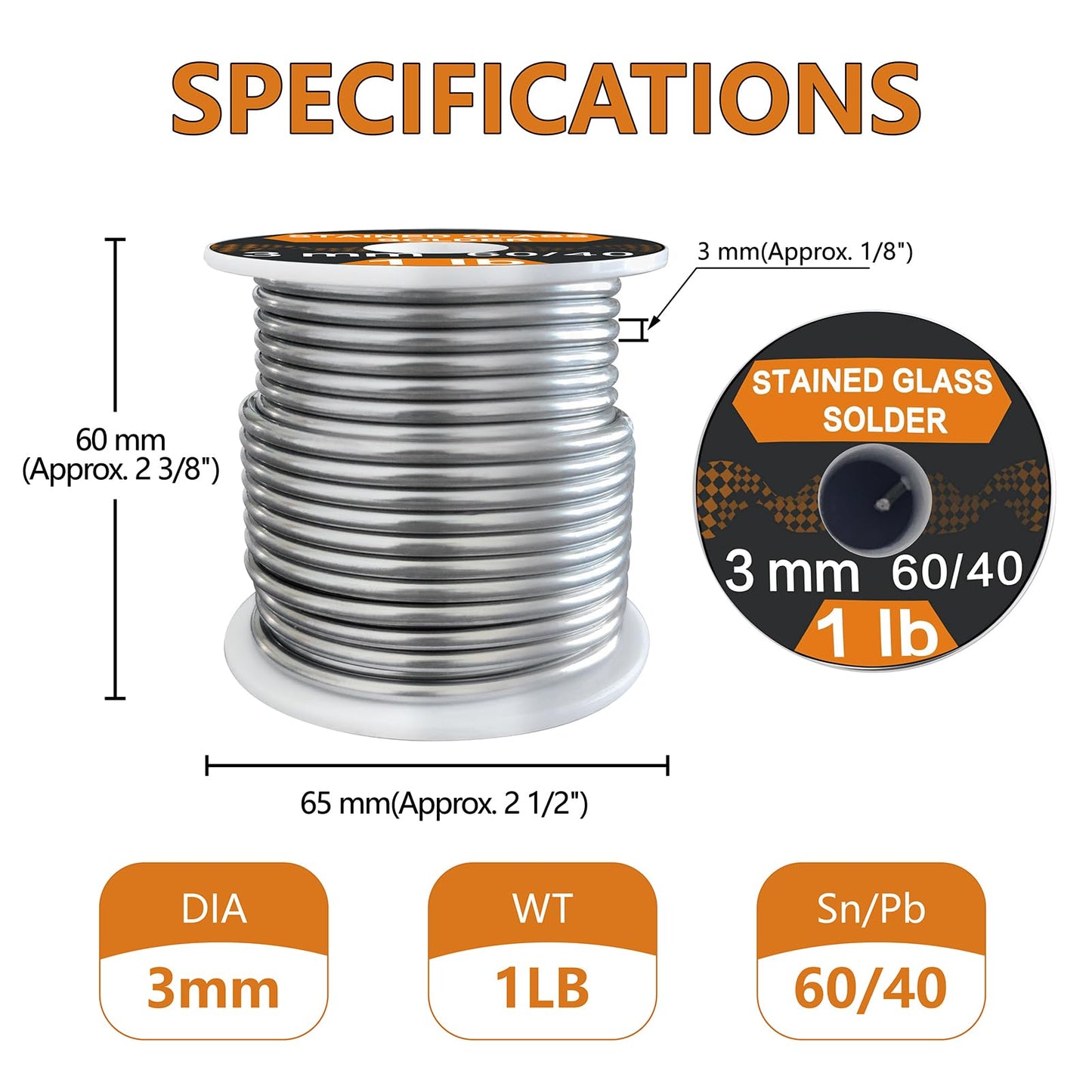 60/40 Solder for Stained Glass, 1/8"(3mm) Dia, 4 lb Pack, Supplied by ANOSON