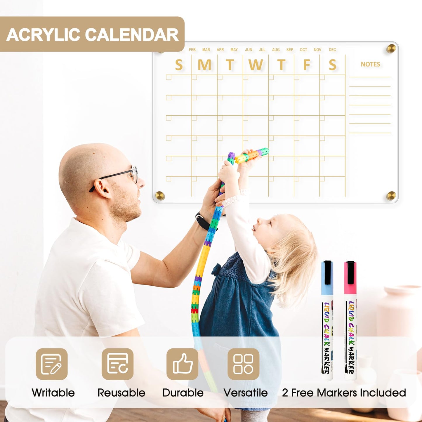 AMUSIGHT Large Acrylic Calendar for Wall, 24" X 16" Golden Clear Acrylic Wall Calendar, Clear Wet & Dry Erase Calendar Hanging Frameless Monthly Planner for Office, Home or School, 2 Markers