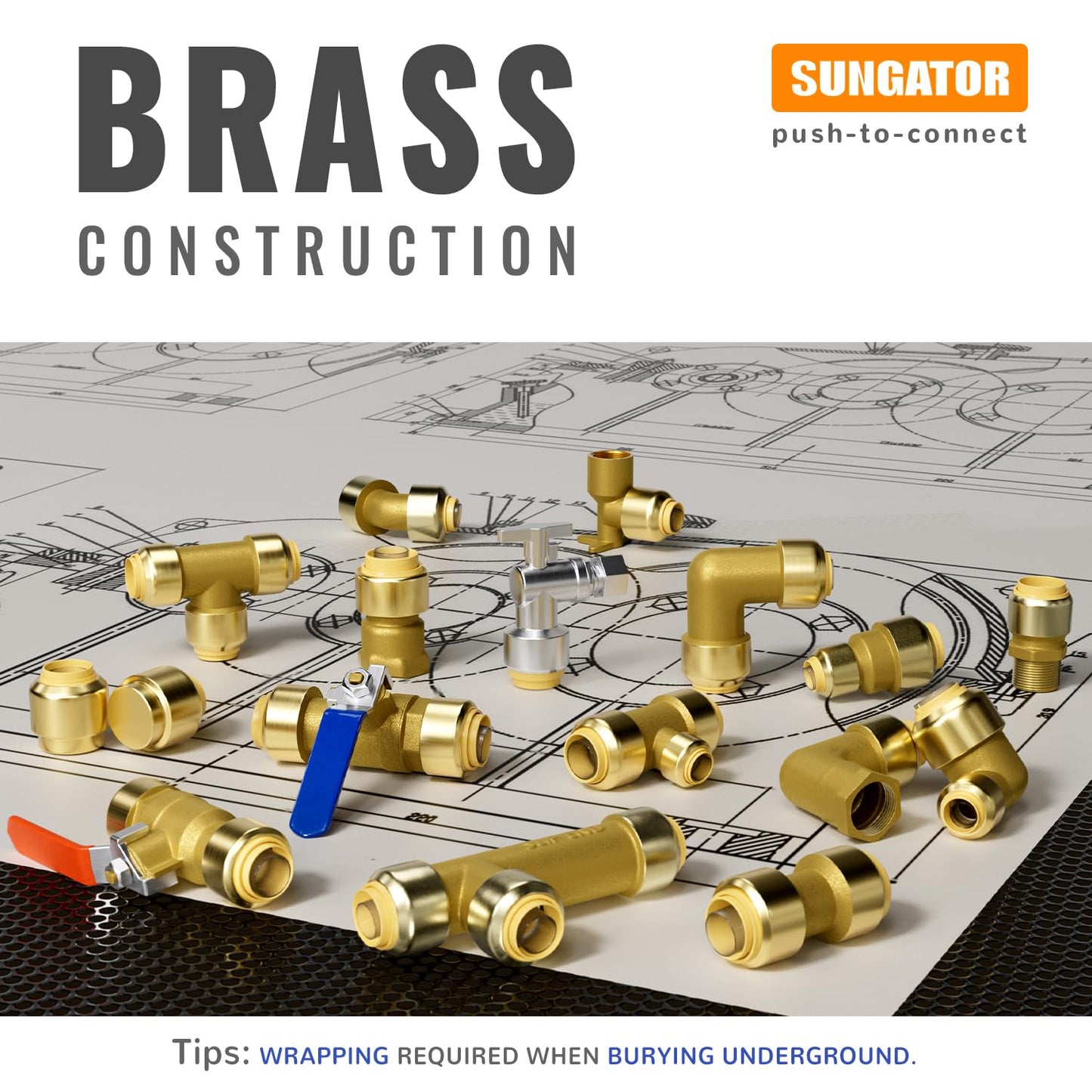 Shut Off Ball Valve 1/2 Inch, SUNGATOR 1/2 Inch Ball Valve, Push-to-Connect Water Shutoff, Easily Match to Pipe using Red and Blue Handle, No Lead Brass Fittings for PEX Pipe, Copper, CPVC, Pack of 12
